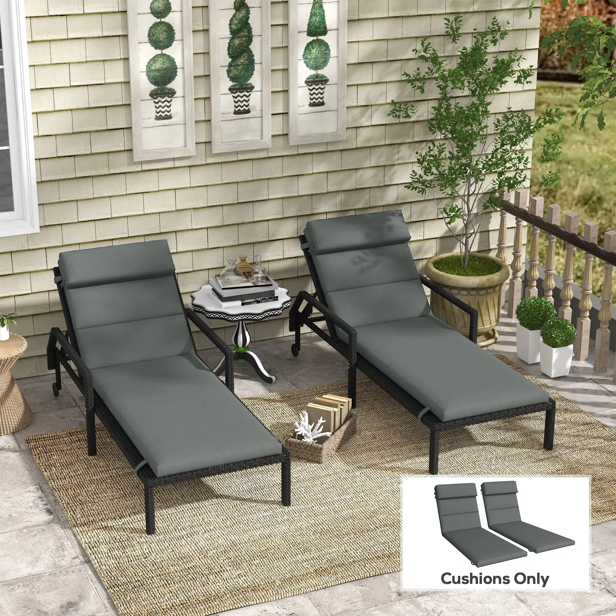Patio Chaise Lounge Cushions, Headrest, Ties, Set of 2, Grey - Image 2