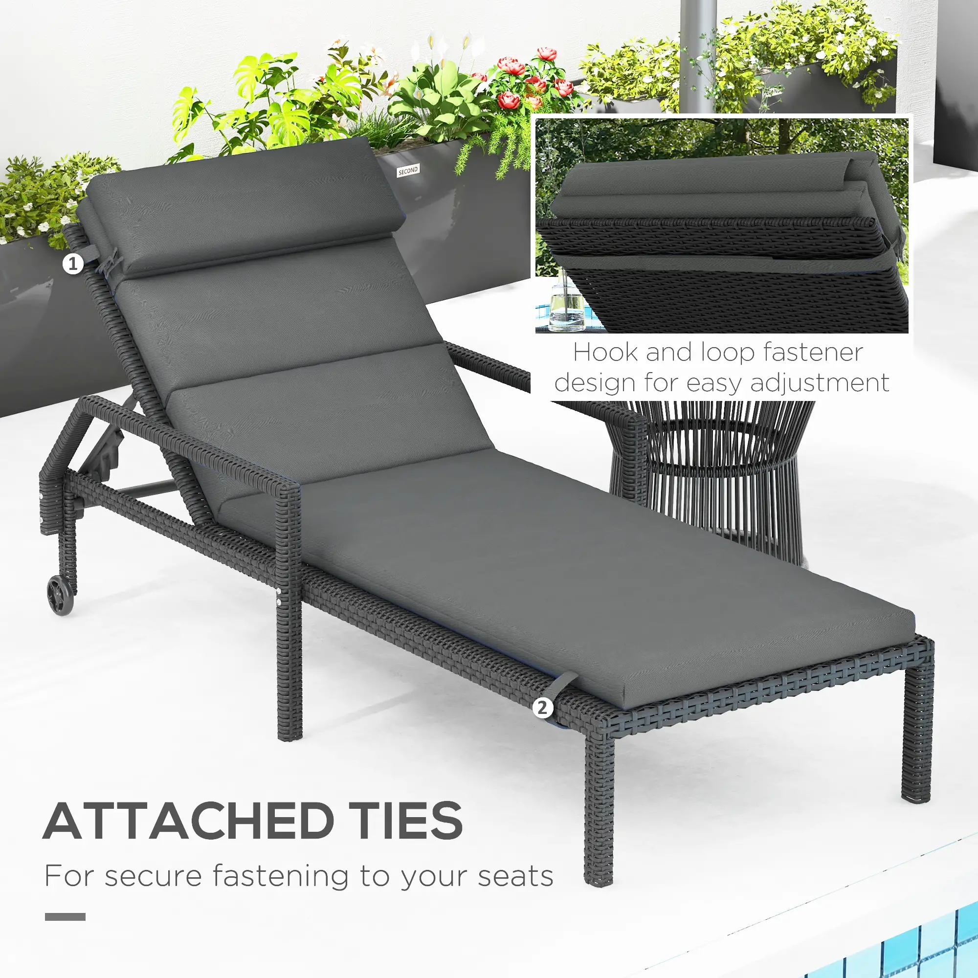 Patio Chaise Lounge Cushions, Headrest, Ties, Set of 2, Grey - Image 6