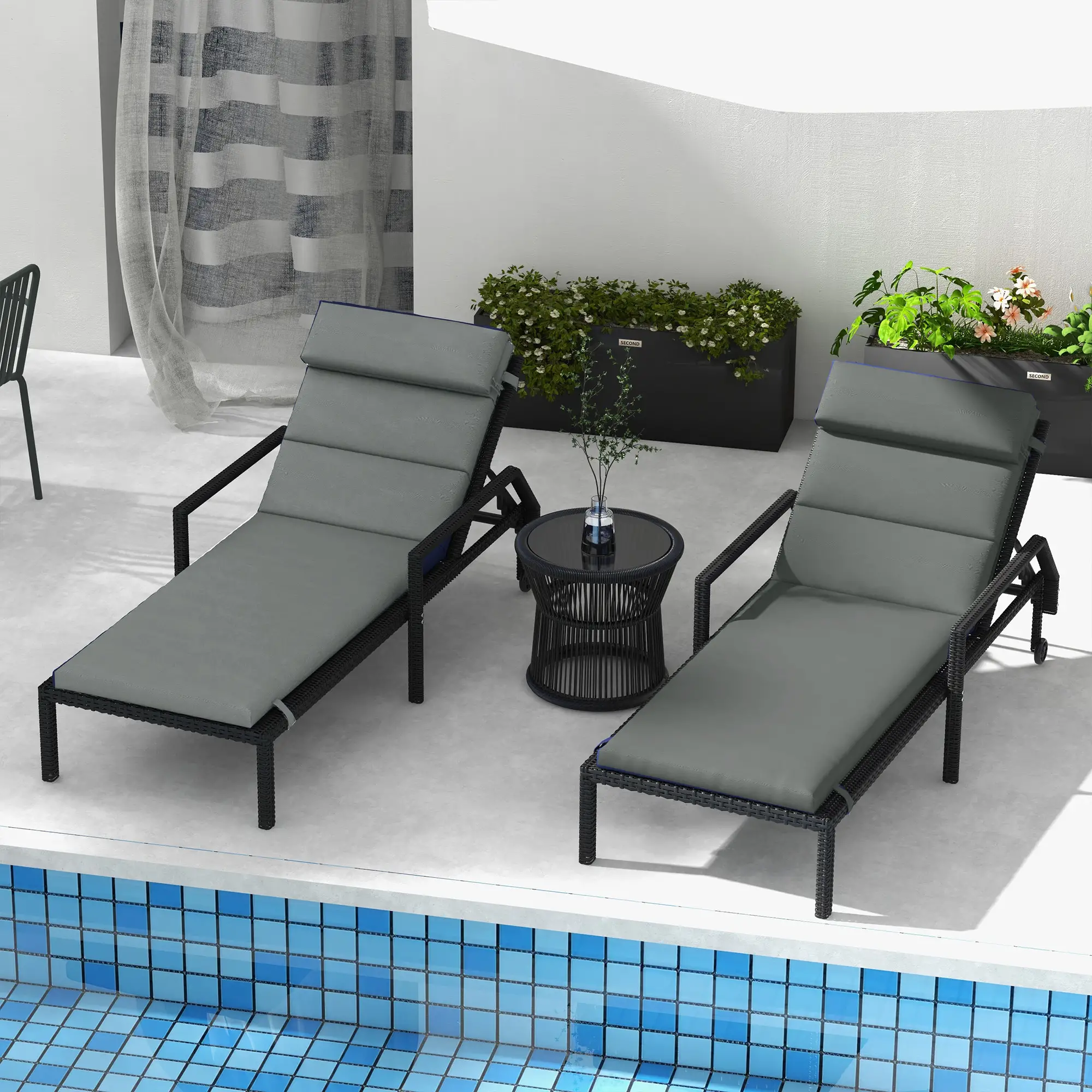 Patio Chaise Lounge Cushions, Headrest, Ties, Set of 2, Grey - Image 7