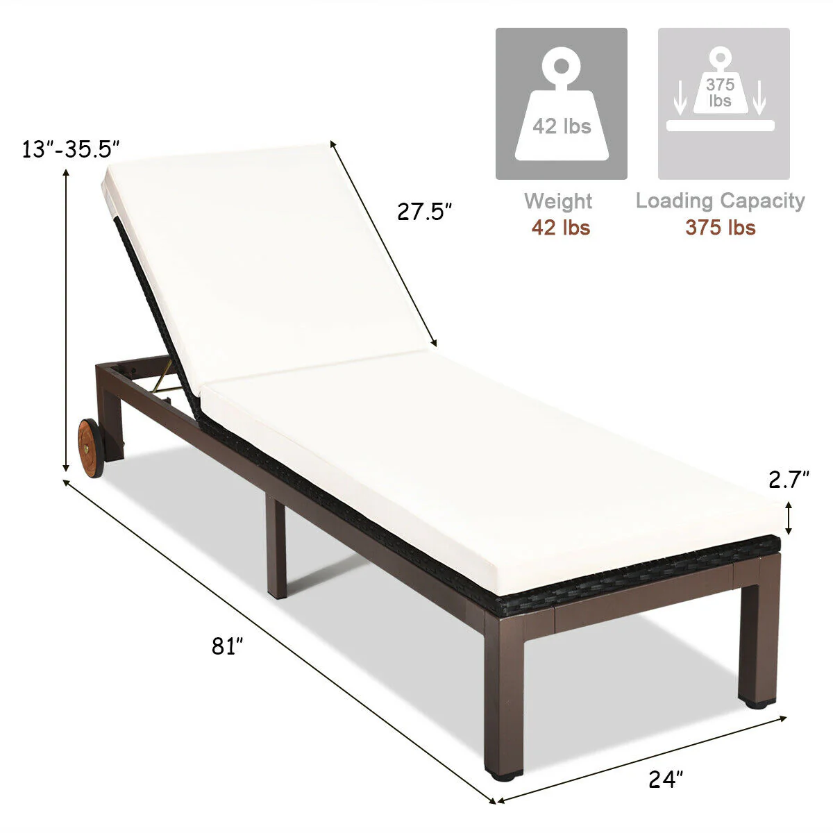 Patio Chaise Lounge, Outdoor Rattan Recliner Chair, Beige - Image 6