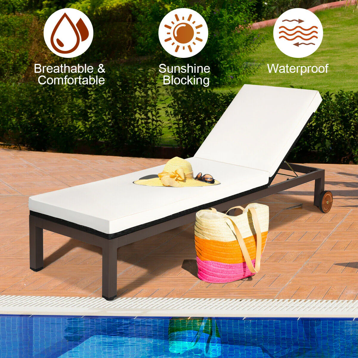 Patio Chaise Lounge, Outdoor Rattan Recliner Chair, Beige - Image 7