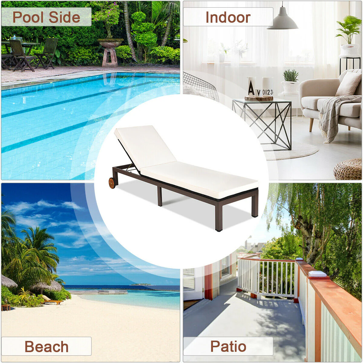 Patio Chaise Lounge, Outdoor Rattan Recliner Chair, Beige - Image 8
