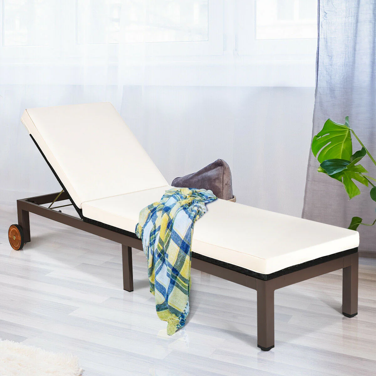 Patio Chaise Lounge, Outdoor Rattan Recliner Chair, Beige - Image 9