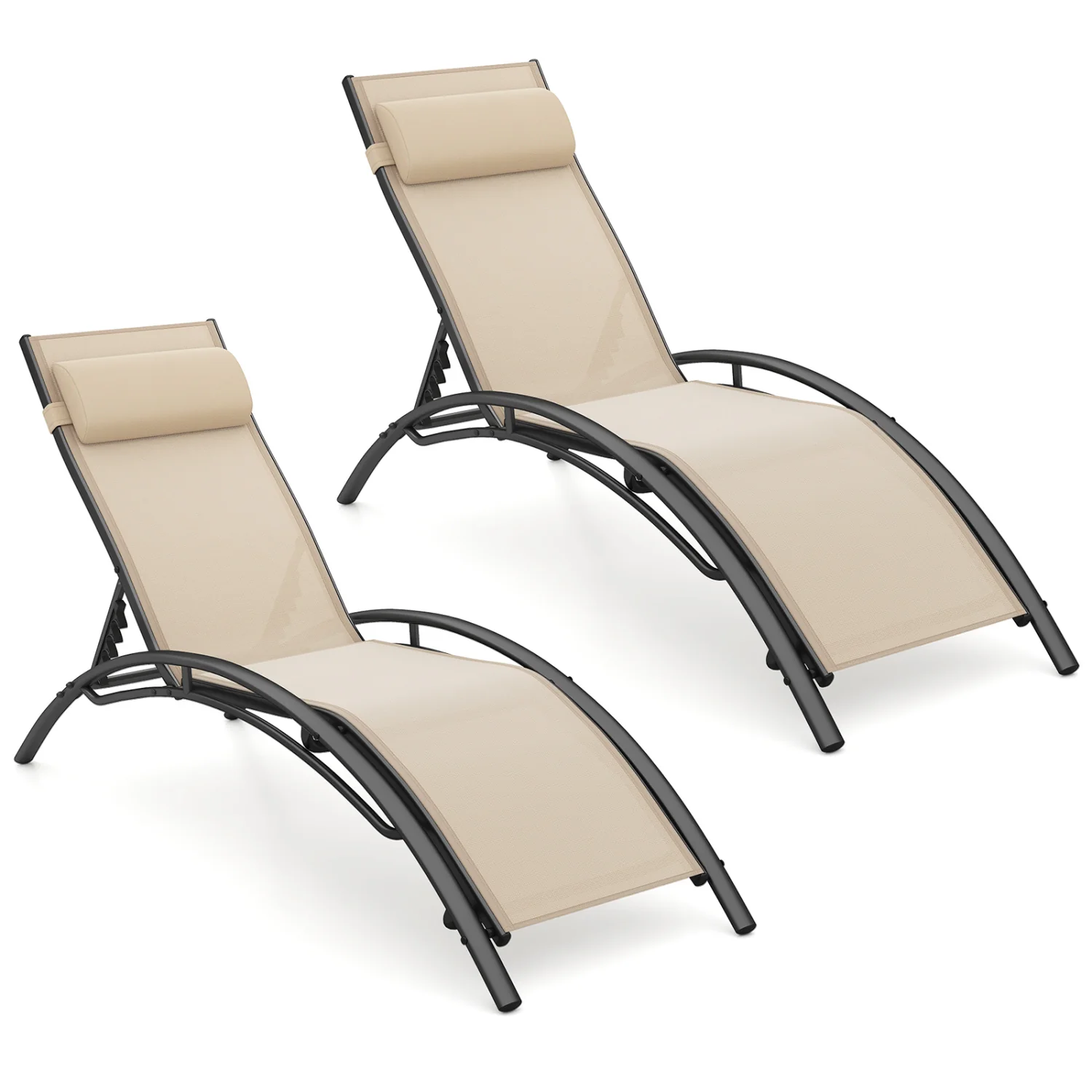 Patio Chaise Lounges Set of 2 Outdoor Recliner with 5-Position Backrest, Beige