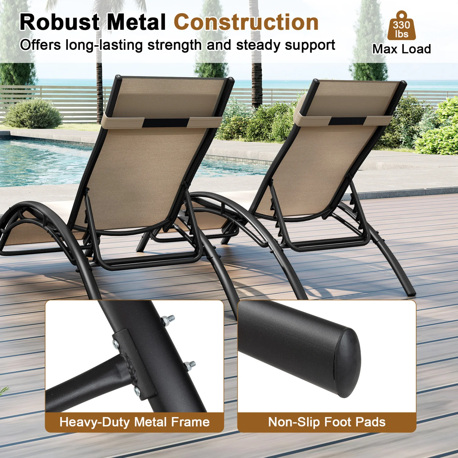 Patio Chaise Lounges Set of 2 Outdoor Recliner with 5-Position Backrest, Beige - Image 10