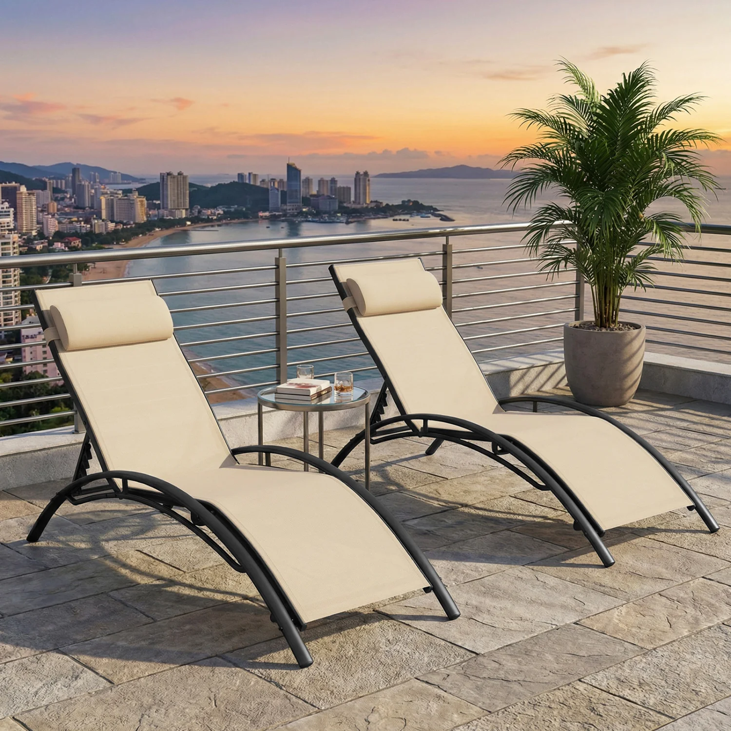 Patio Chaise Lounges Set of 2 Outdoor Recliner with 5-Position Backrest, Beige - Image 2