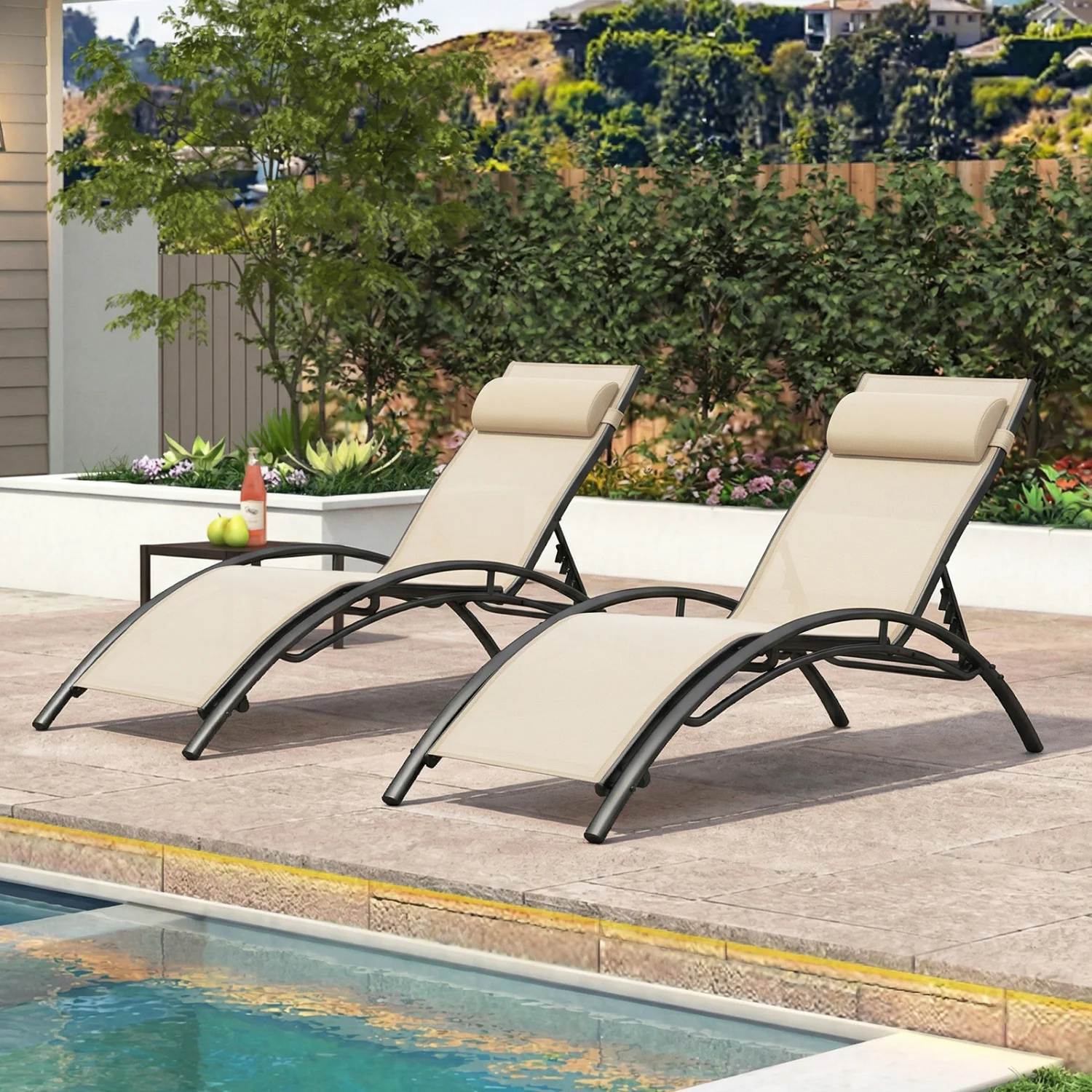 Patio Chaise Lounges Set of 2 Outdoor Recliner with 5-Position Backrest, Beige - Image 3