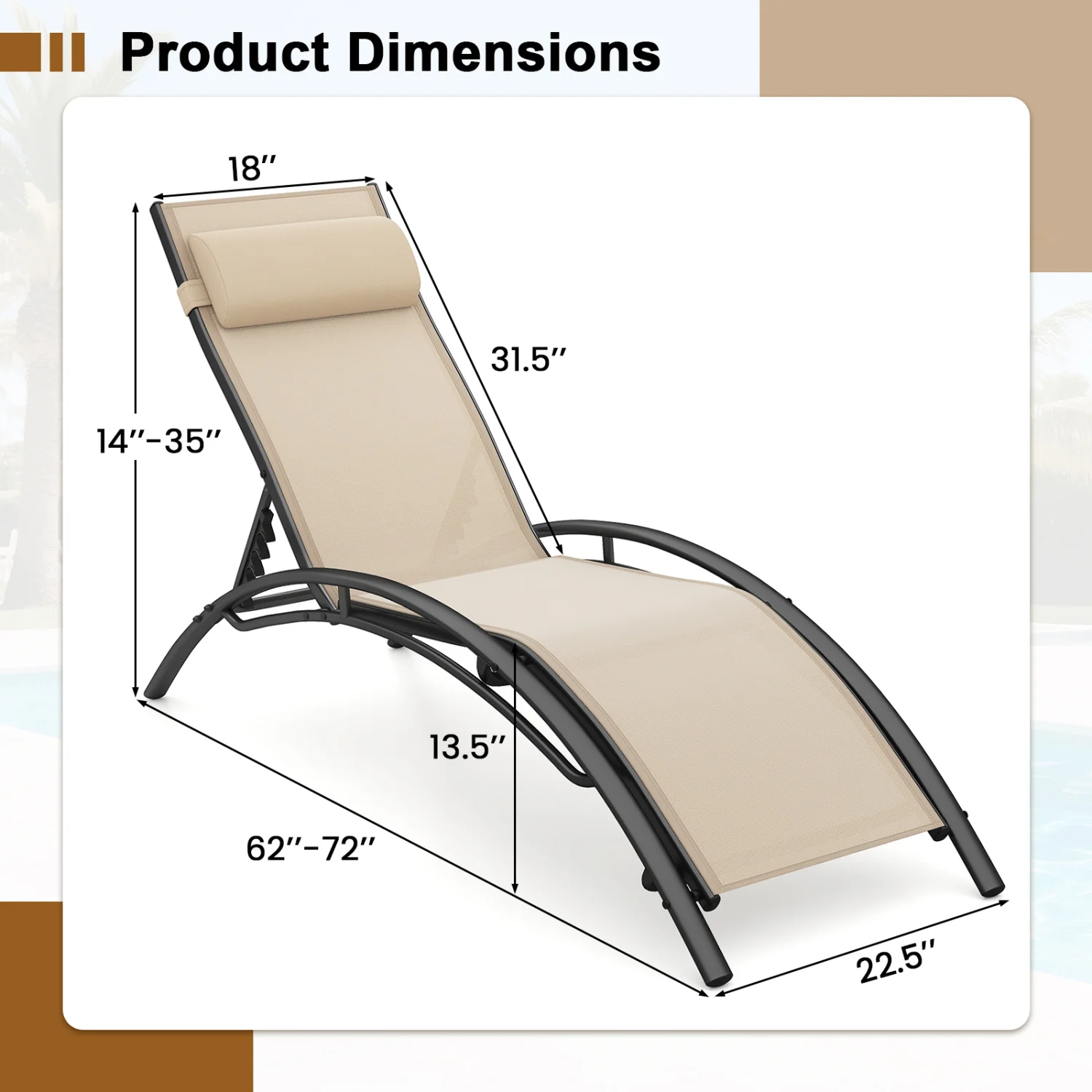 Patio Chaise Lounges Set of 2 Outdoor Recliner with 5-Position Backrest, Beige - Image 5