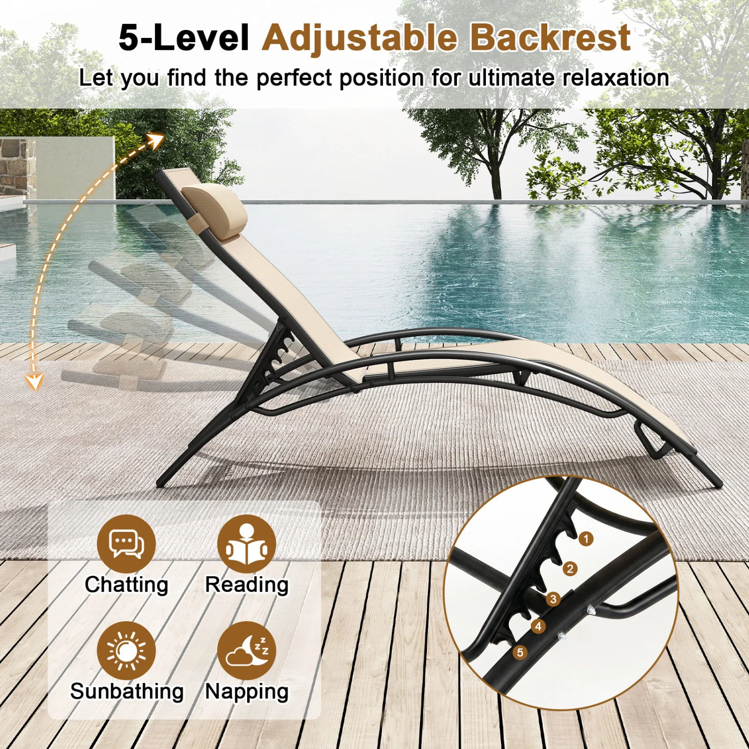 Patio Chaise Lounges Set of 2 Outdoor Recliner with 5-Position Backrest, Beige - Image 7