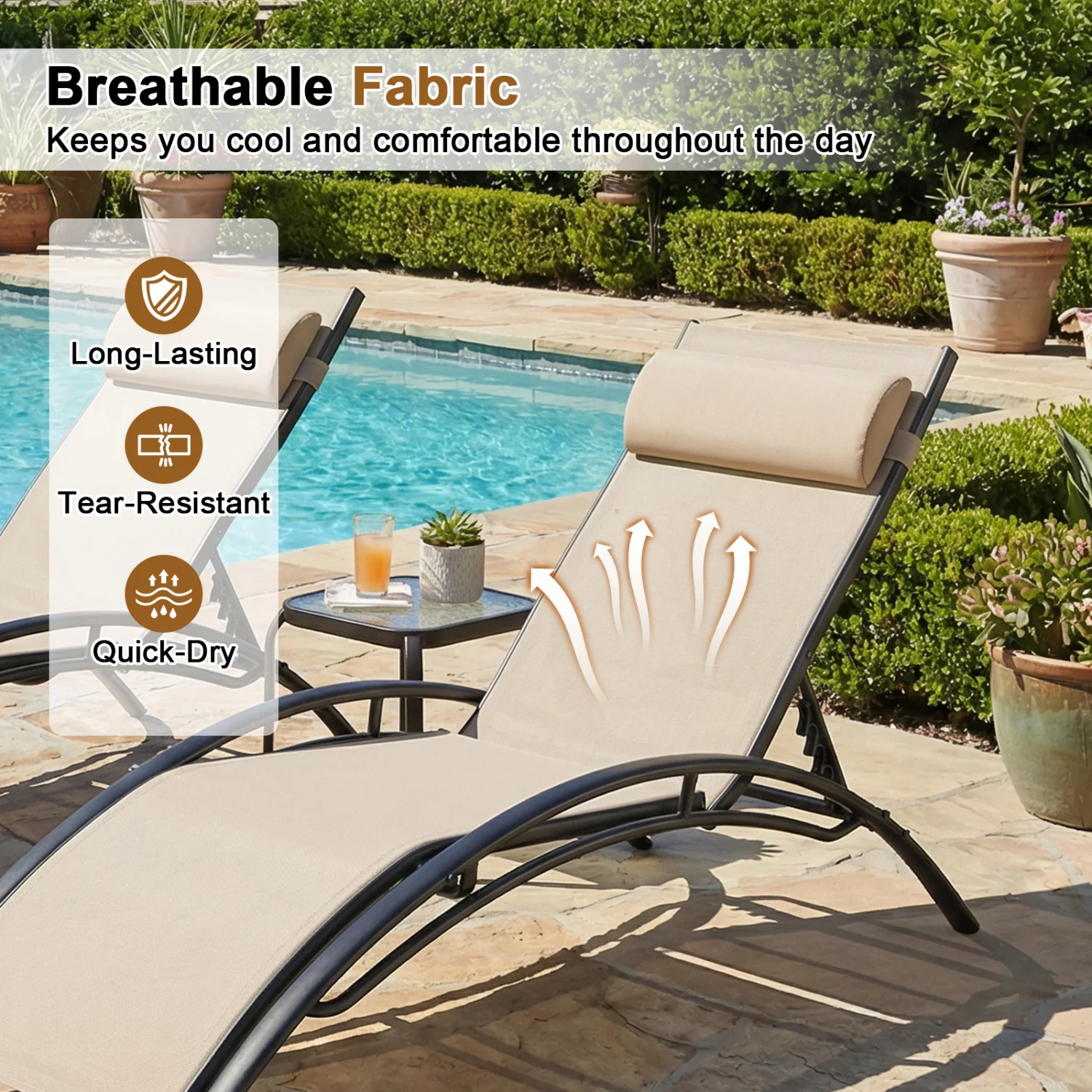Patio Chaise Lounges Set of 2 Outdoor Recliner with 5-Position Backrest, Beige - Image 8