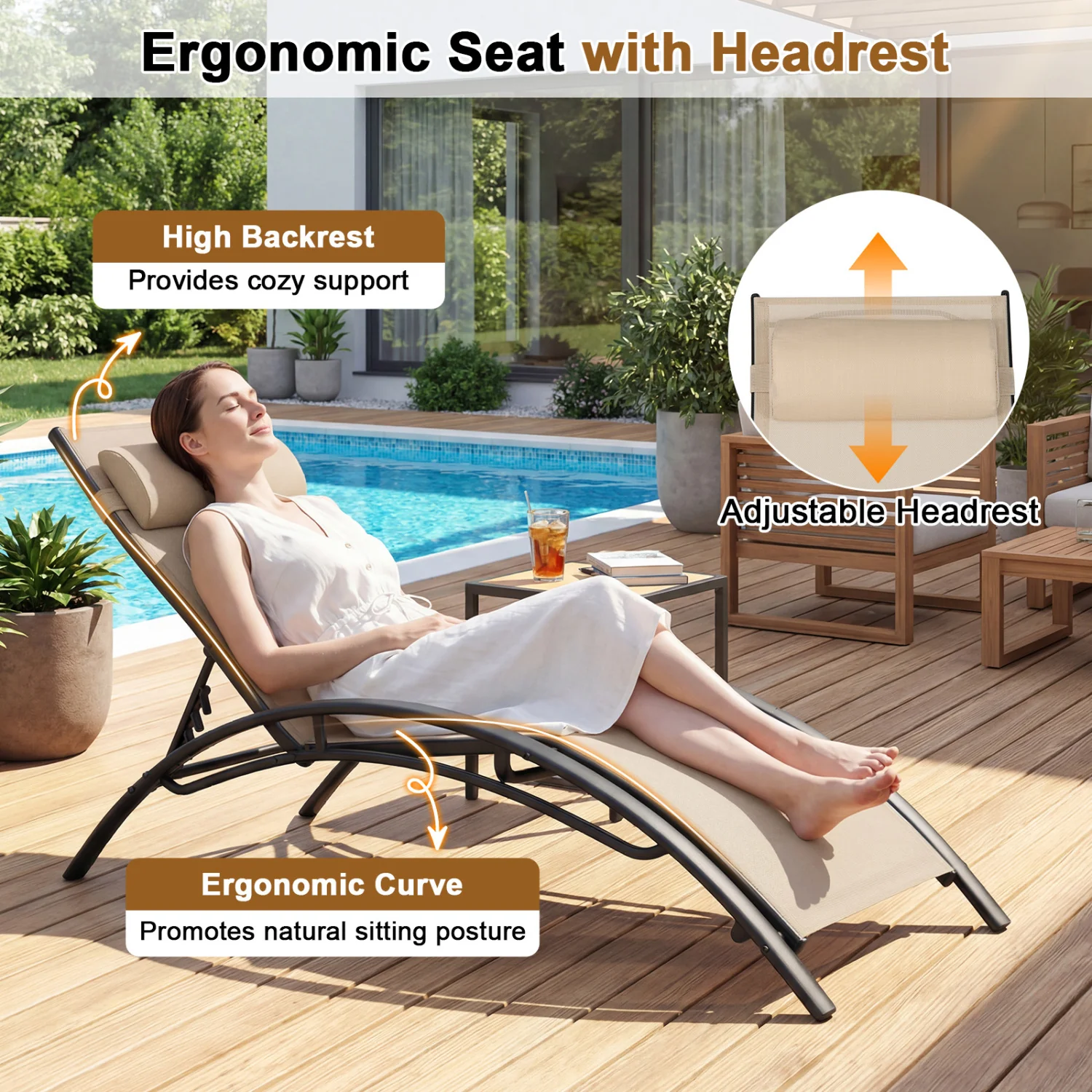 Patio Chaise Lounges Set of 2 Outdoor Recliner with 5-Position Backrest, Beige - Image 9