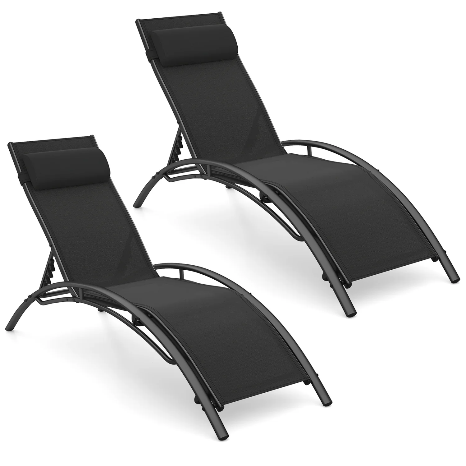 Patio Chaise Lounges Set of 2 Outdoor Recliner with 5-Position Backrest, Black
