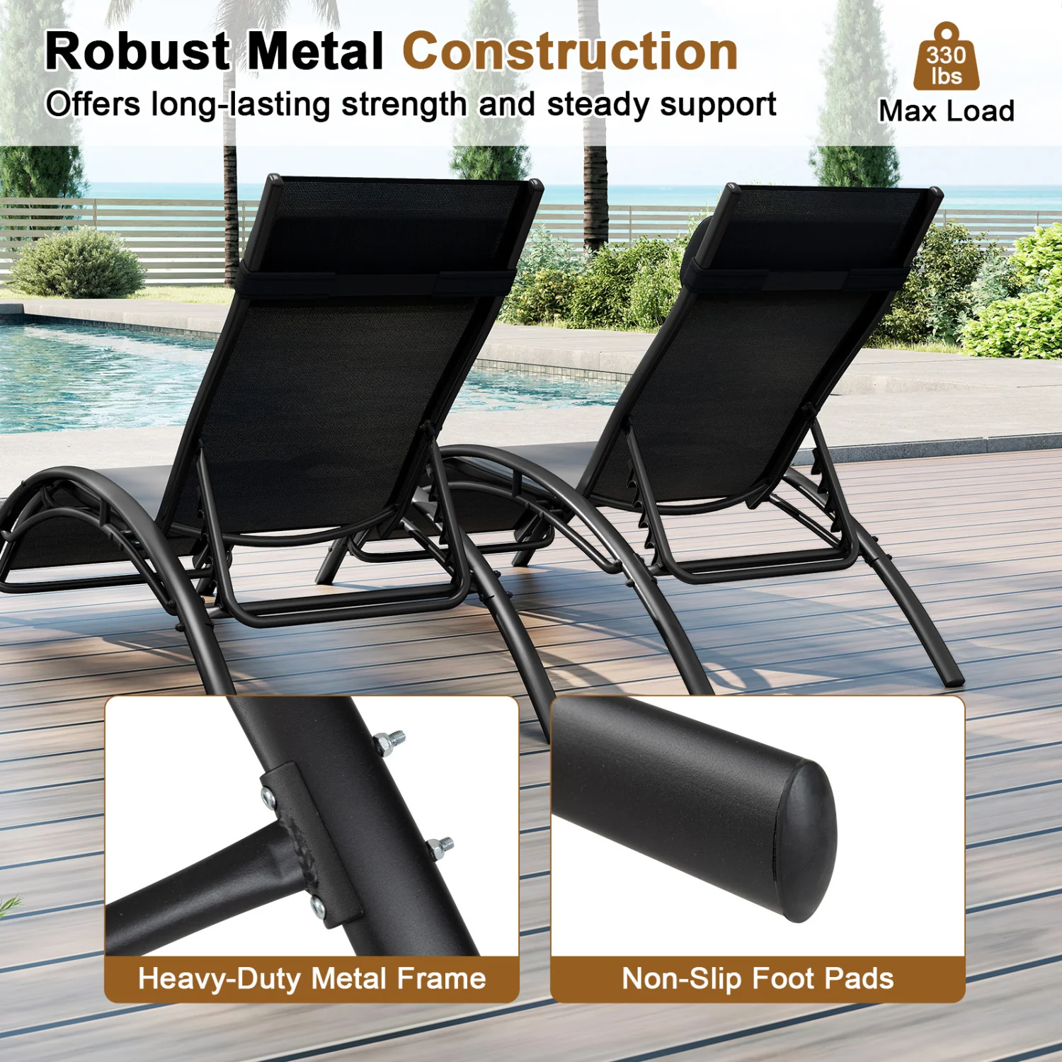 Patio Chaise Lounges Set of 2 Outdoor Recliner with 5-Position Backrest, Black - Image 10