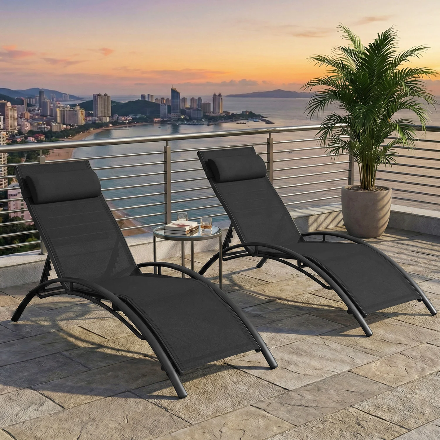 Patio Chaise Lounges Set of 2 Outdoor Recliner with 5-Position Backrest, Black - Image 2