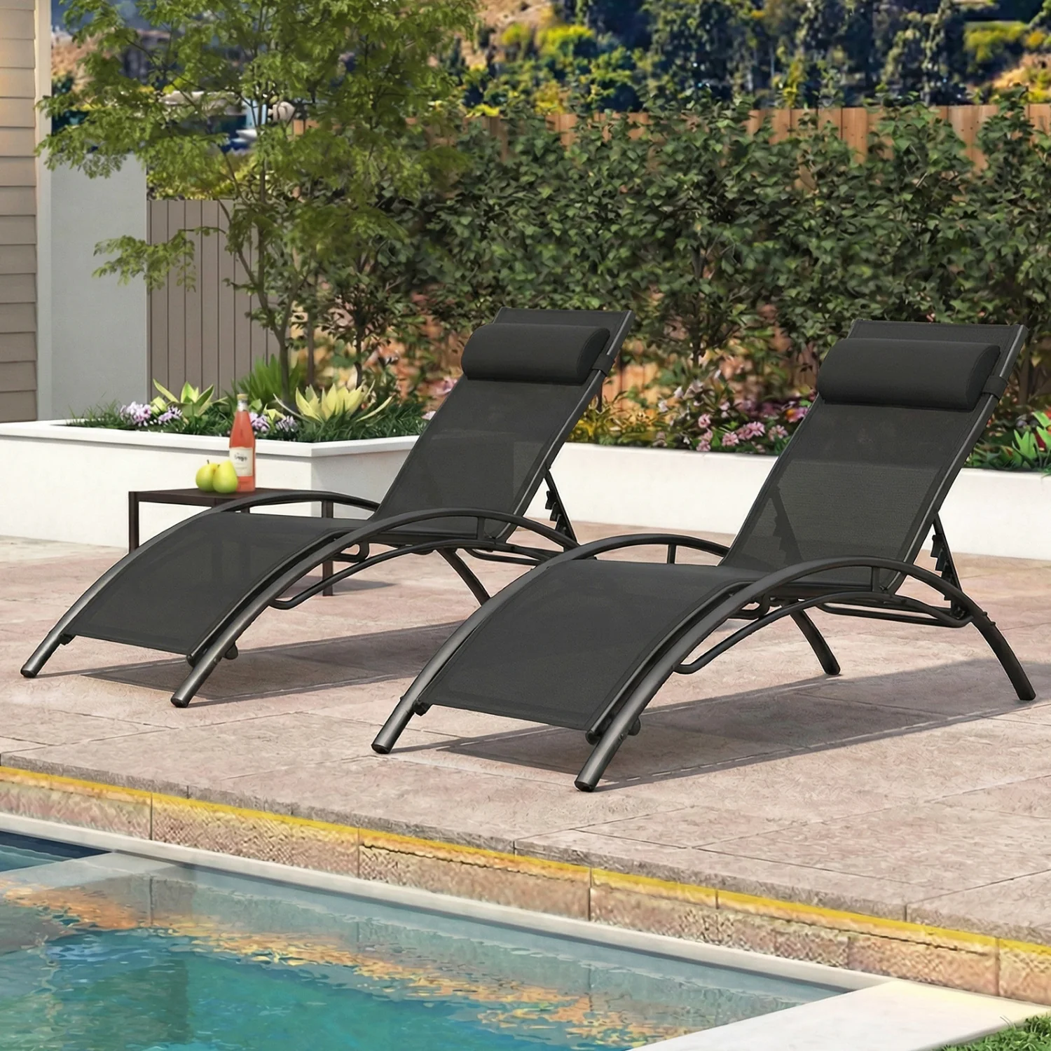 Patio Chaise Lounges Set of 2 Outdoor Recliner with 5-Position Backrest, Black - Image 3