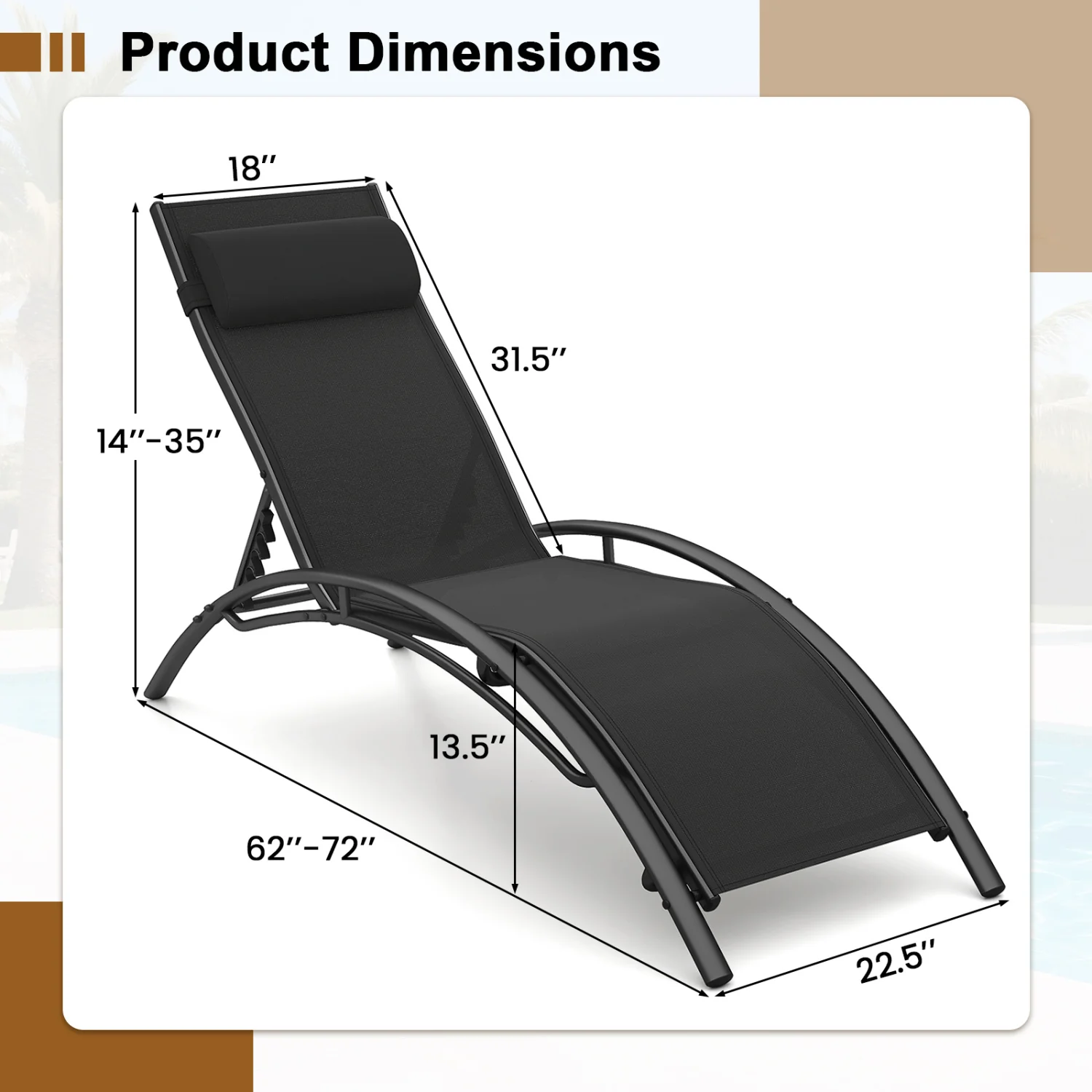 Patio Chaise Lounges Set of 2 Outdoor Recliner with 5-Position Backrest, Black - Image 5