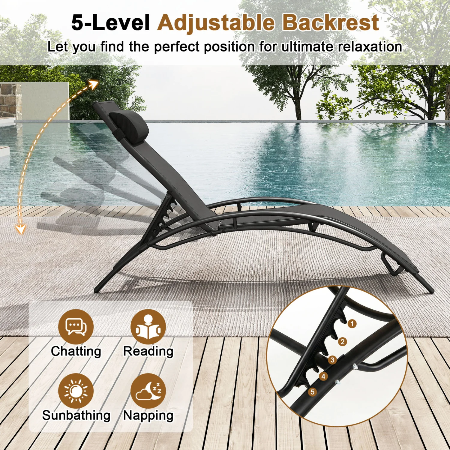 Patio Chaise Lounges Set of 2 Outdoor Recliner with 5-Position Backrest, Black - Image 7