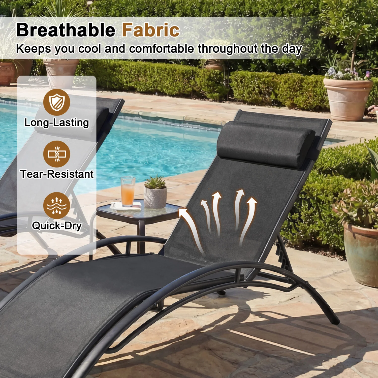 Patio Chaise Lounges Set of 2 Outdoor Recliner with 5-Position Backrest, Black - Image 8