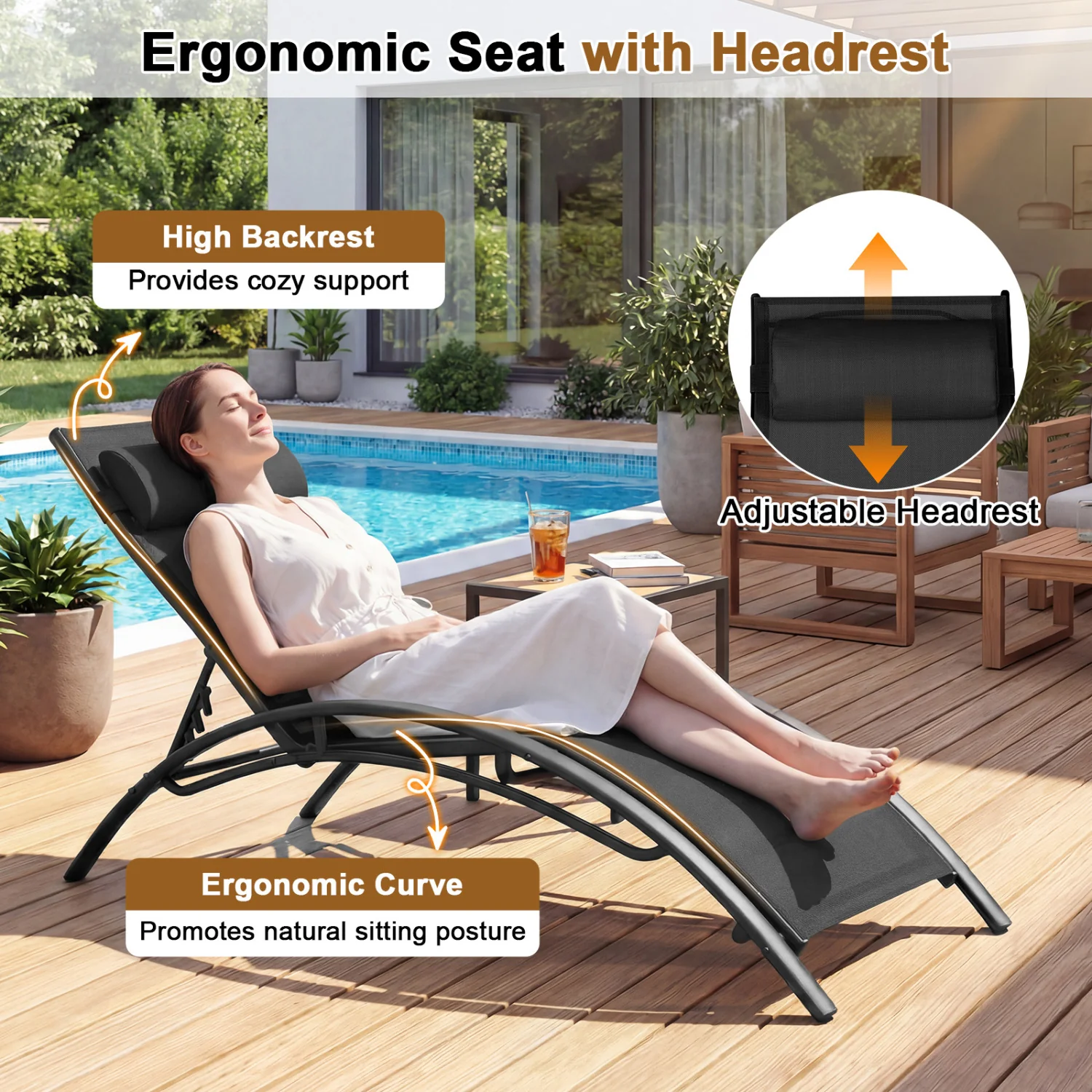 Patio Chaise Lounges Set of 2 Outdoor Recliner with 5-Position Backrest, Black - Image 9