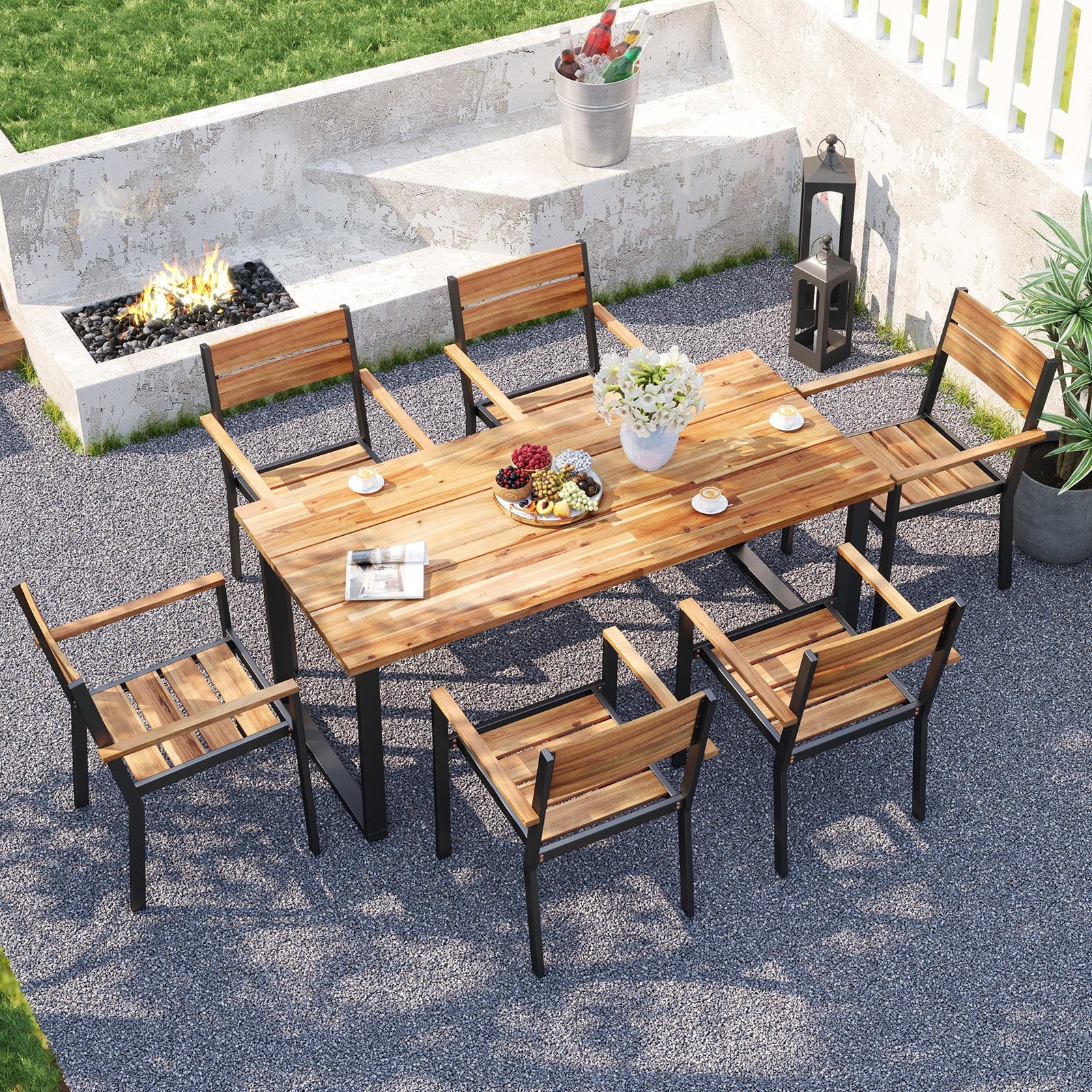 Patio Dining Chair Set Of 6, Acacia Armrest, Brown - Image 2