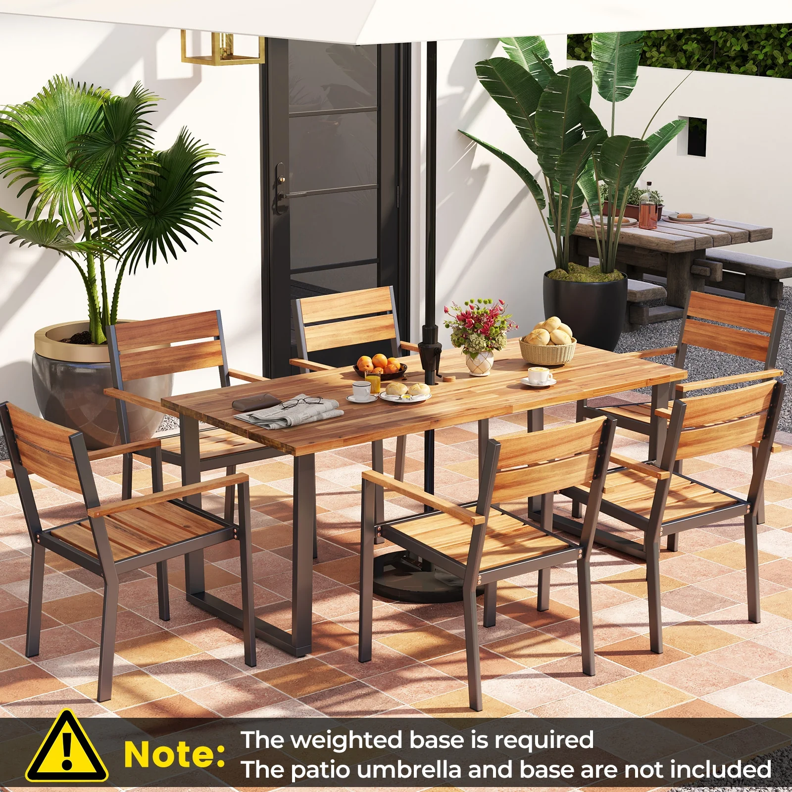 Patio Dining Chair Set Of 6, Acacia Armrest, Brown - Image 3
