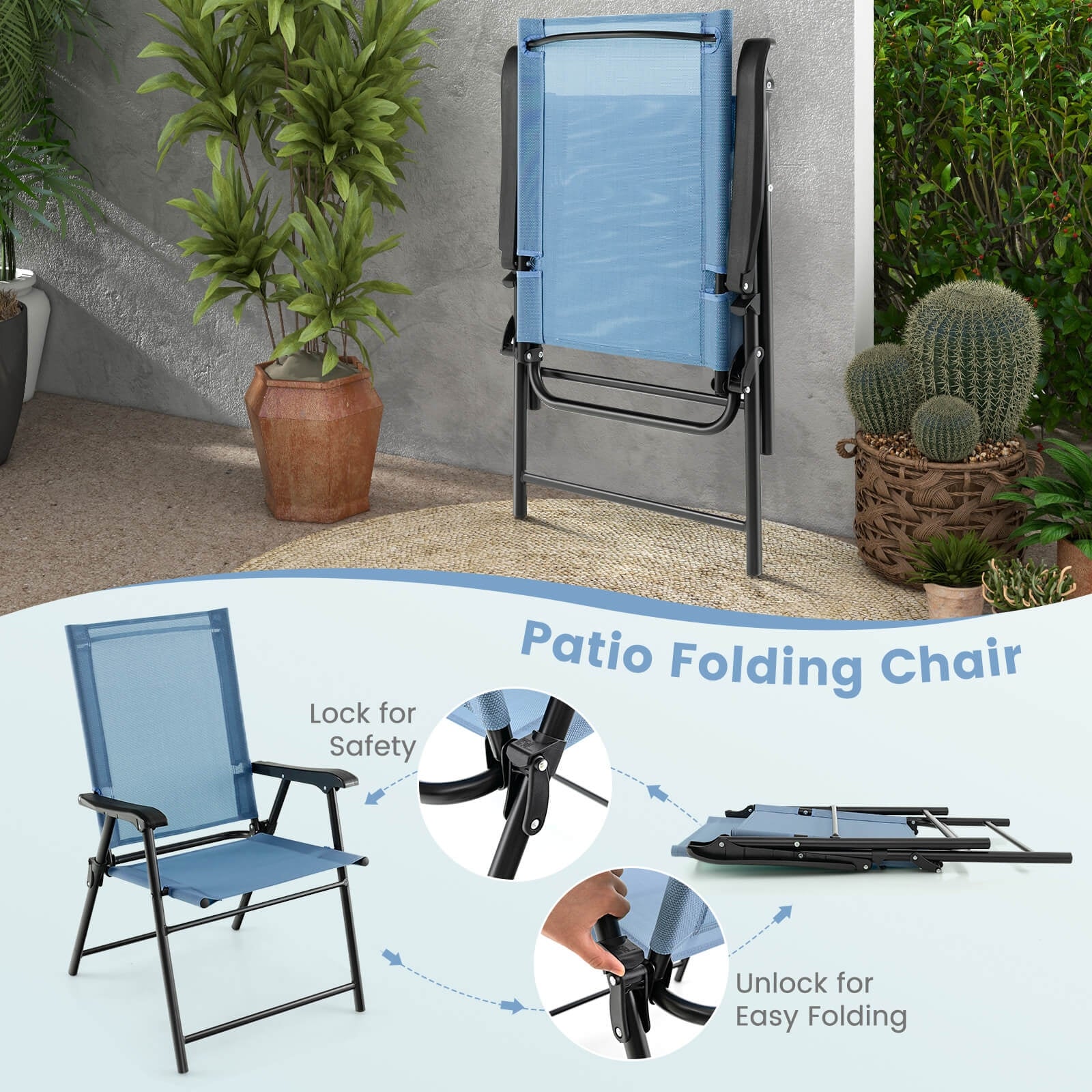 Patio Dining Chair With Armrests, Metal Frame, Blue - Image 10