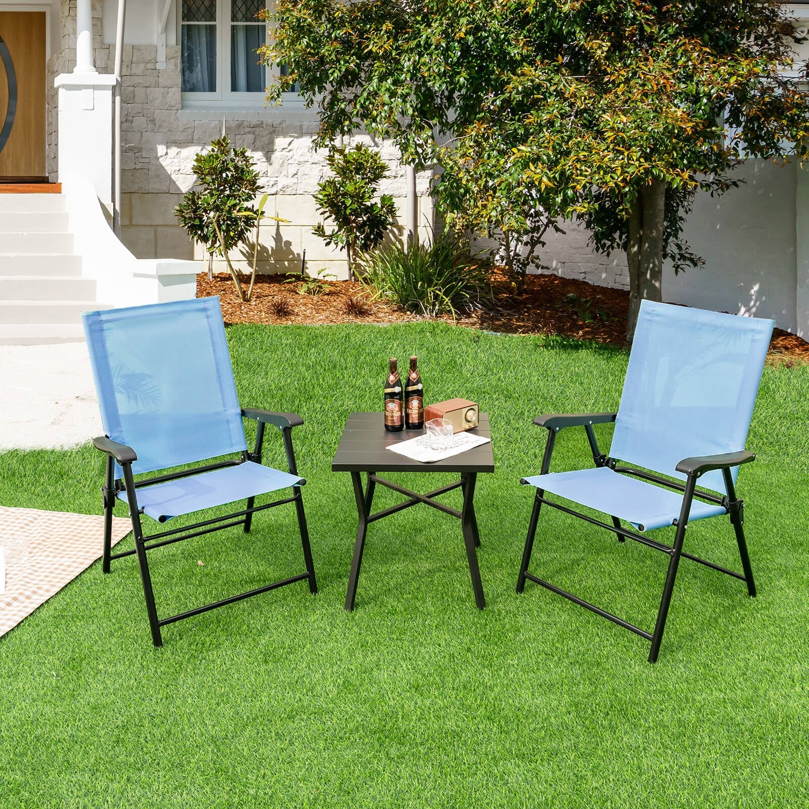Patio Dining Chair With Armrests, Metal Frame, Blue - Image 2