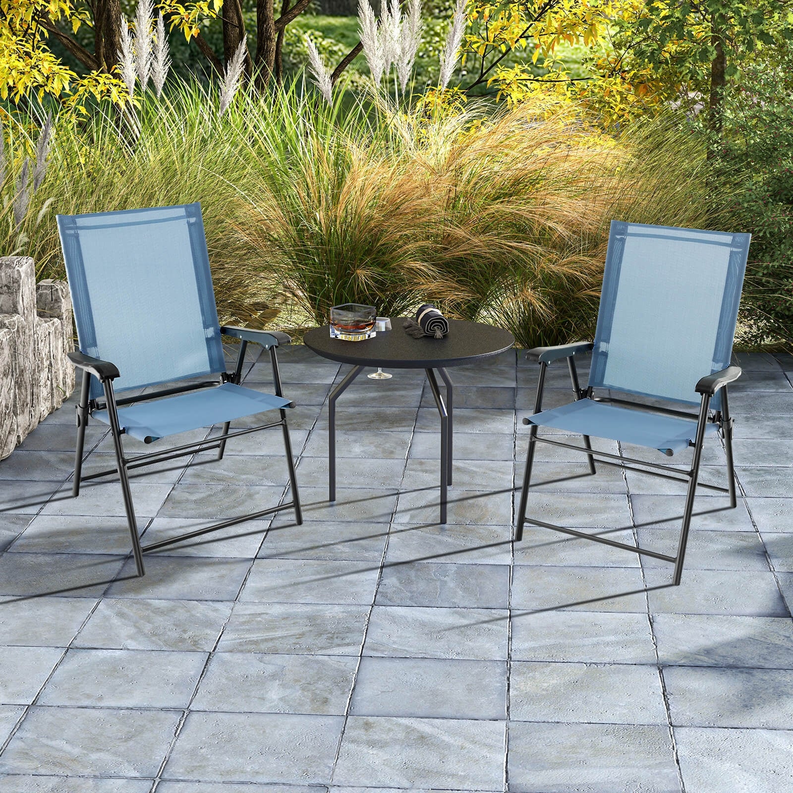 Patio Dining Chair With Armrests, Metal Frame, Blue - Image 3