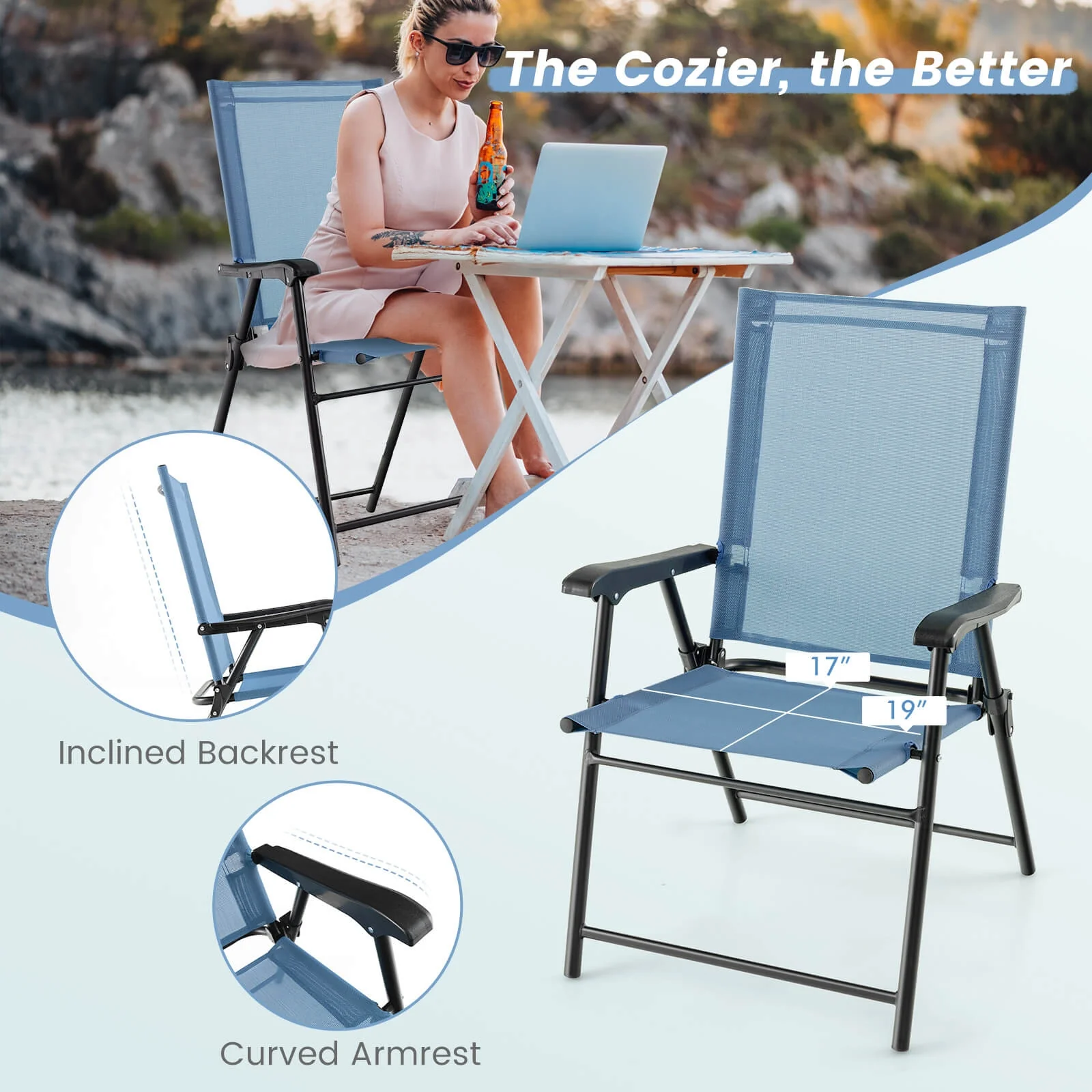 Patio Dining Chair With Armrests, Metal Frame, Blue - Image 7