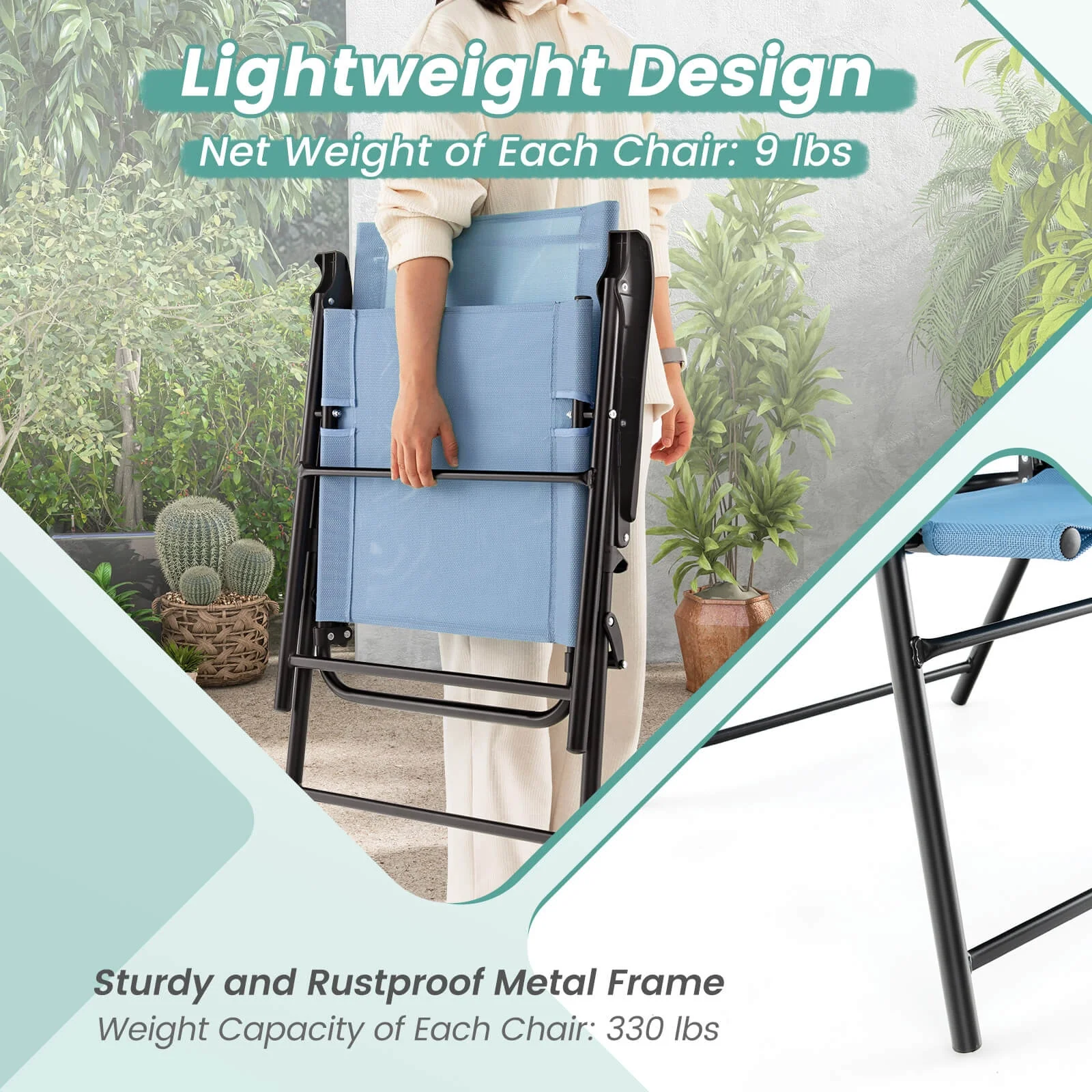 Patio Dining Chair With Armrests, Metal Frame, Blue - Image 8