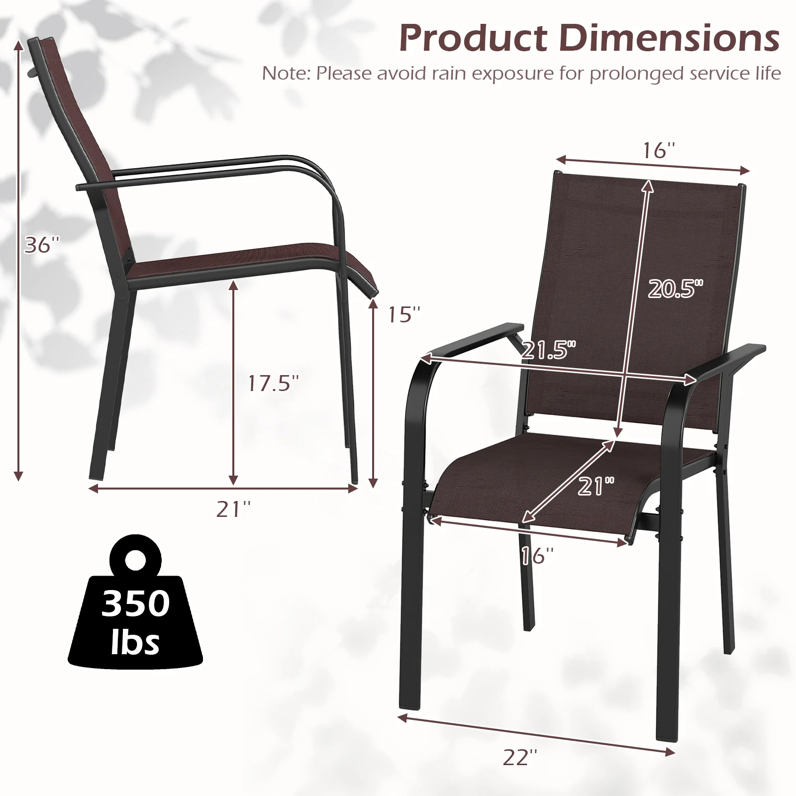 Patio Dining Chairs Set of 2/4/6 Stackable Outdoor Armchairs-Set of 2, Coffee - Image 4