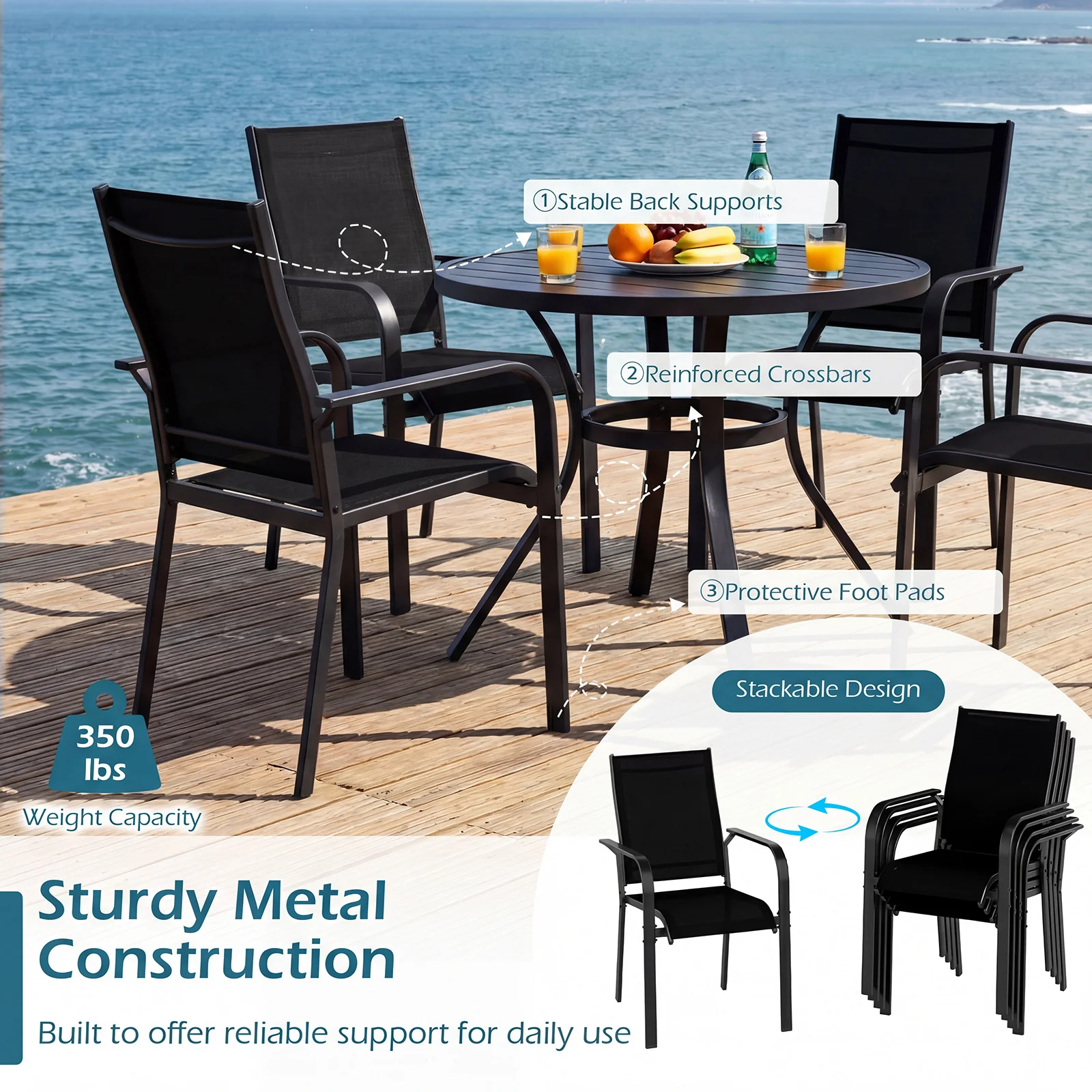 Patio Dining Chairs Set of 2/4/6 Stackable Outdoor Armchairs with Metal Frame-Set of 6 - Image 6