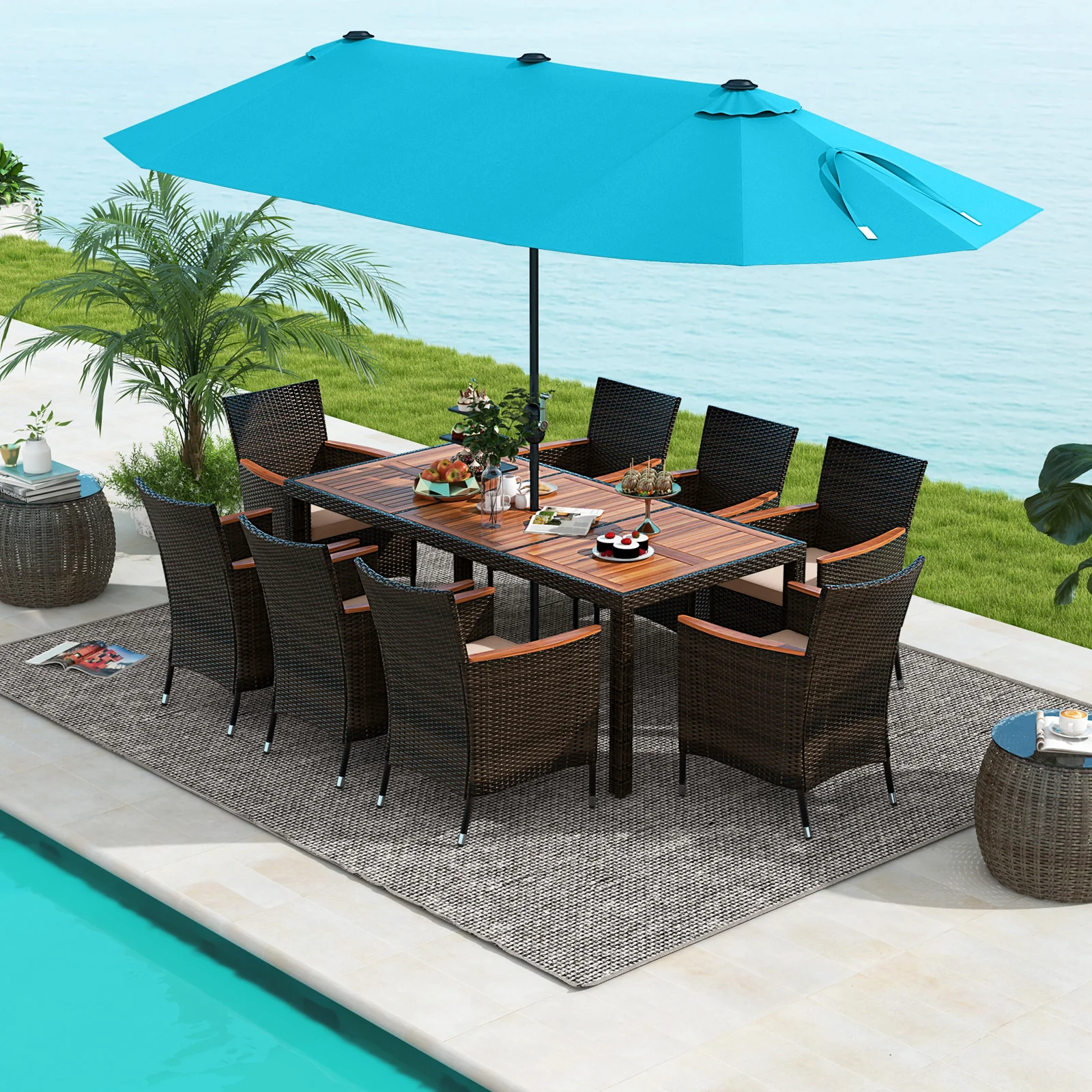 Patio Dining Set, 15ft Double-Sided Umbrella, 8 Stackable Chairs, Turquoise - Image 2