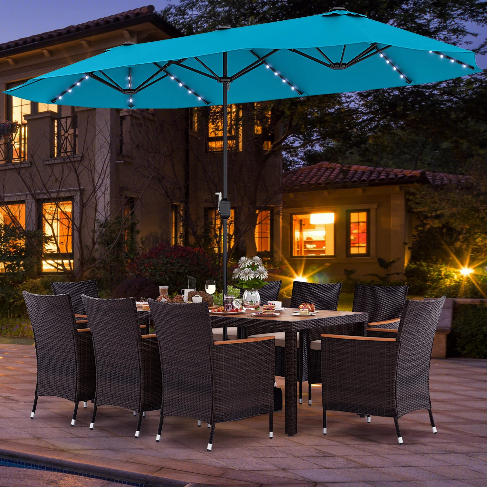 Patio Dining Set, 15ft Double-Sided Umbrella, 8 Stackable Chairs, Turquoise - Image 3