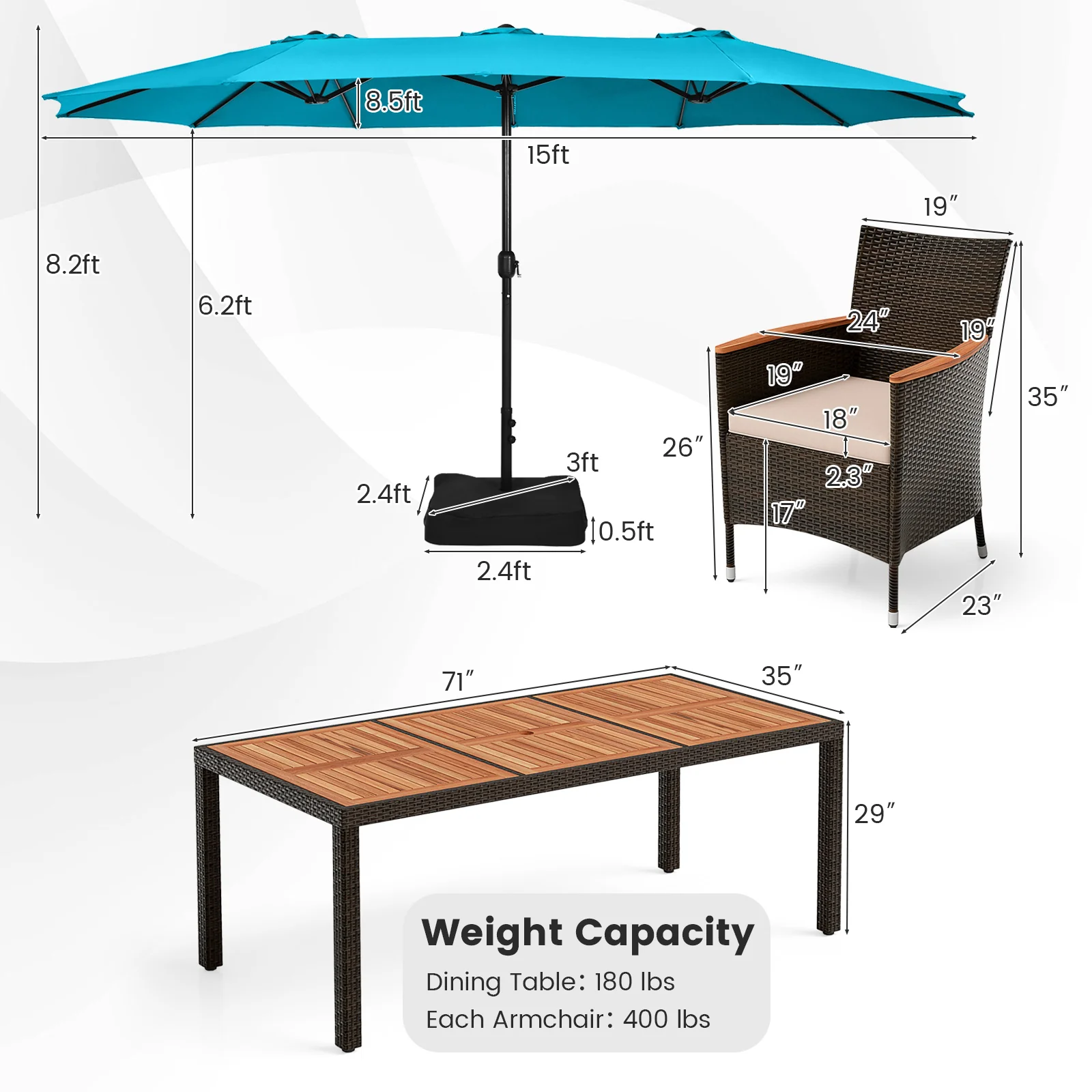 Patio Dining Set, 15ft Double-Sided Umbrella, 8 Stackable Chairs, Turquoise - Image 6
