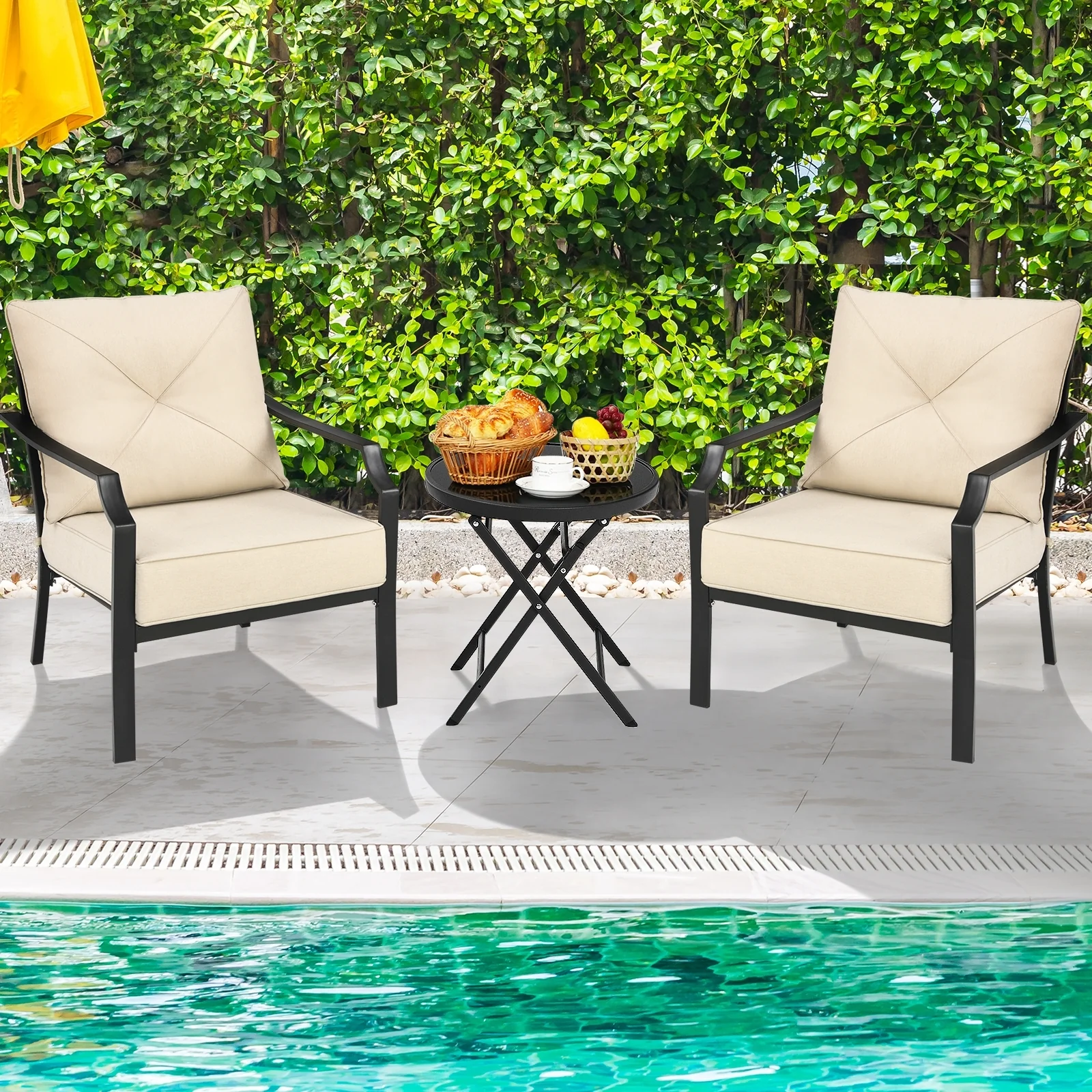 Patio Dining Set, 2 Pieces, Steel Frame, Padded Cushions Armrest, Beige - Image 2