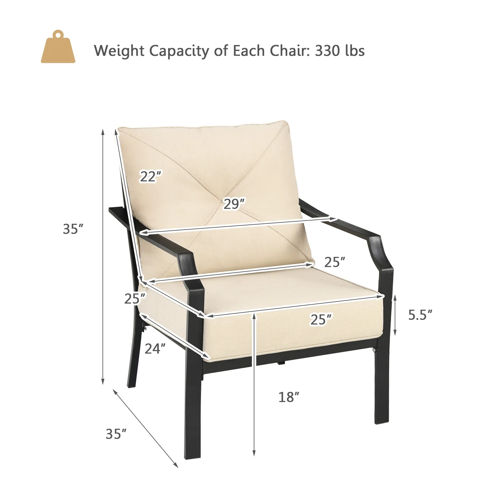 Patio Dining Set, 2 Pieces, Steel Frame, Padded Cushions Armrest, Beige - Image 5