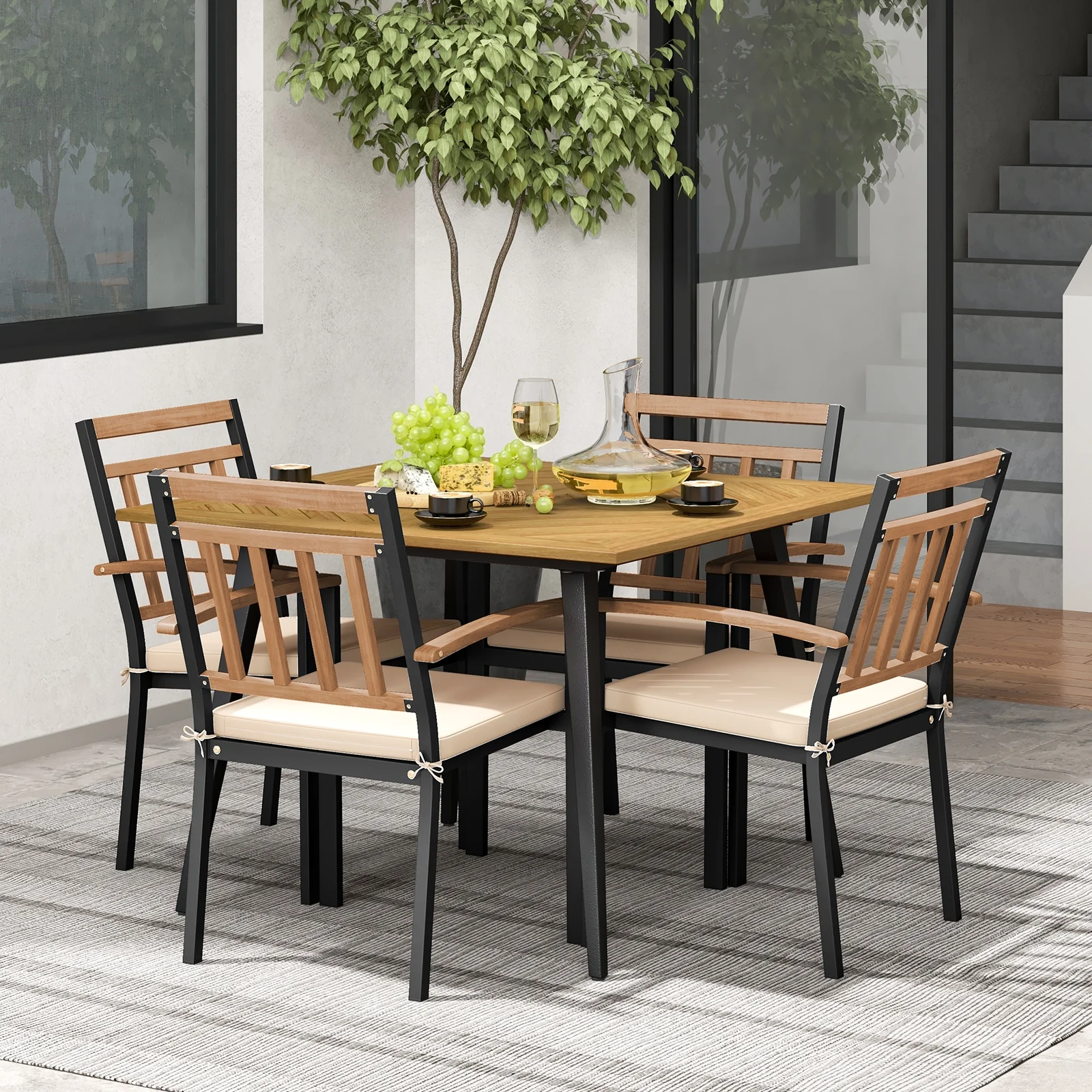 Patio Dining Set, 5 Pieces With Cushions, 1.9 Inches Umbrella Hole, Beige - Image 2