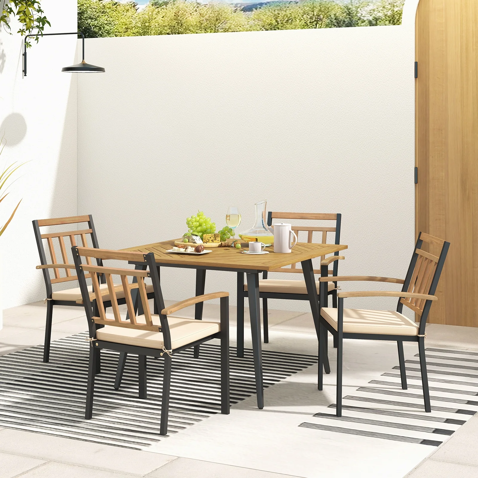 Patio Dining Set, 5 Pieces With Cushions, 1.9 Inches Umbrella Hole, Beige - Image 3