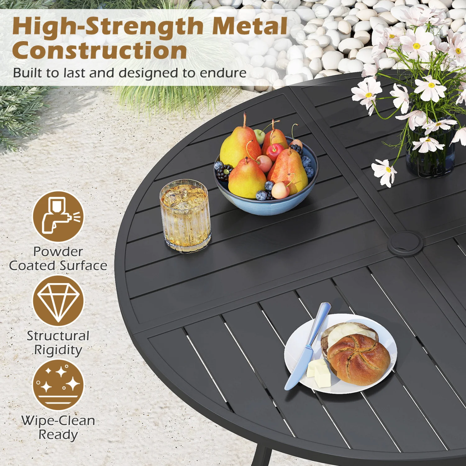 Patio Dining Set For 4, 42.5 Inch Round Metal Table, Black - Image 7