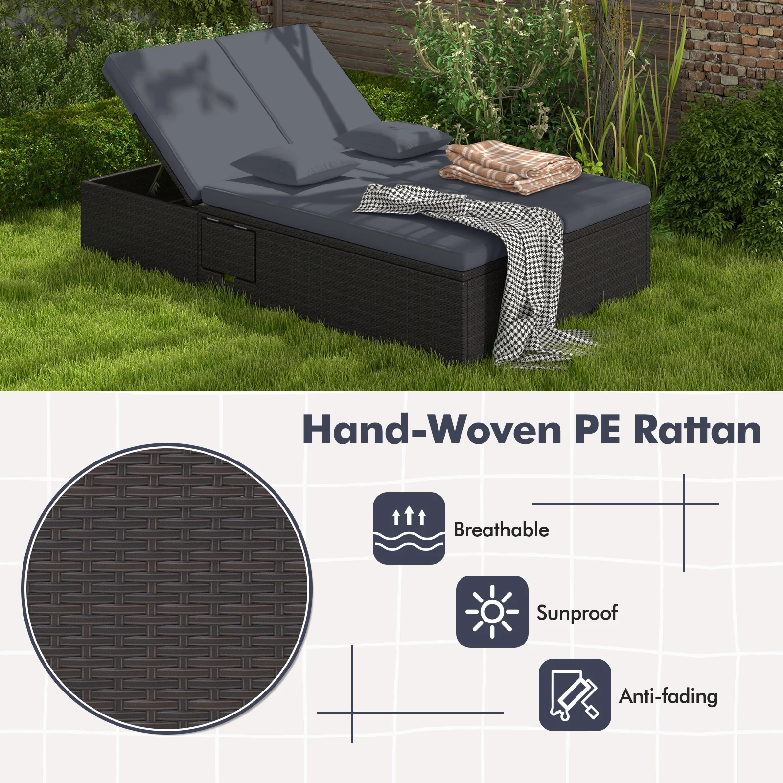 Patio Double Chaise Lounge with Cushions and Folding Side Trays, Gray - Image 10