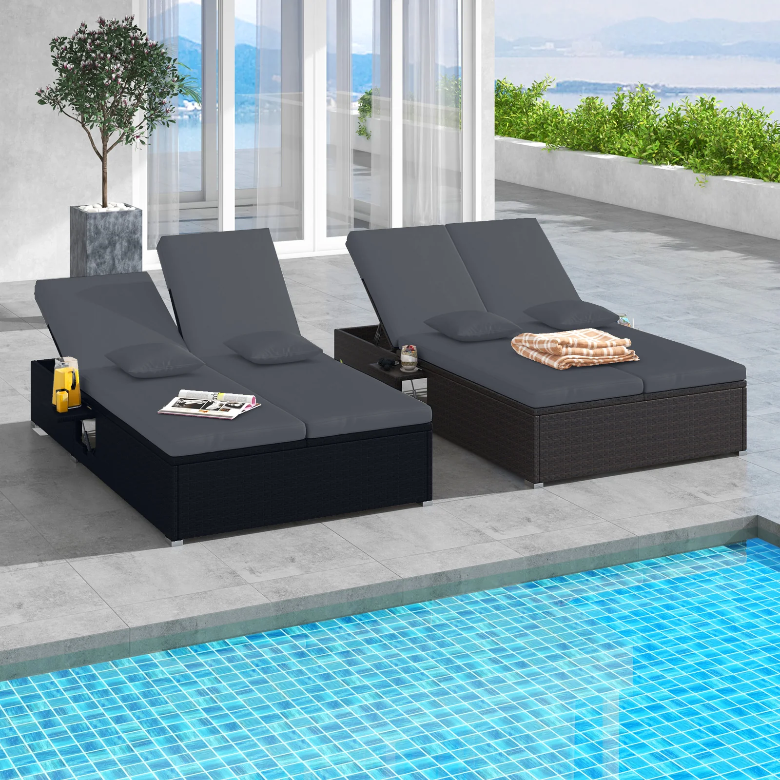 Patio Double Chaise Lounge with Cushions and Folding Side Trays, Gray - Image 2
