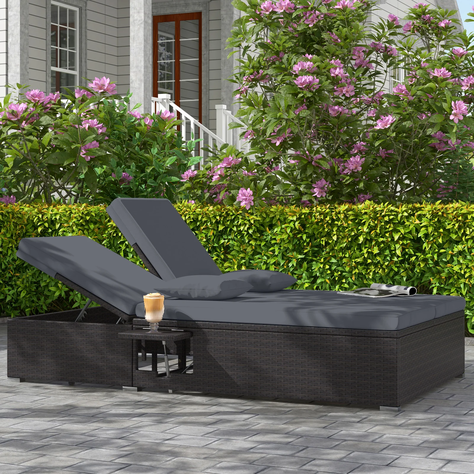 Patio Double Chaise Lounge with Cushions and Folding Side Trays, Gray - Image 3