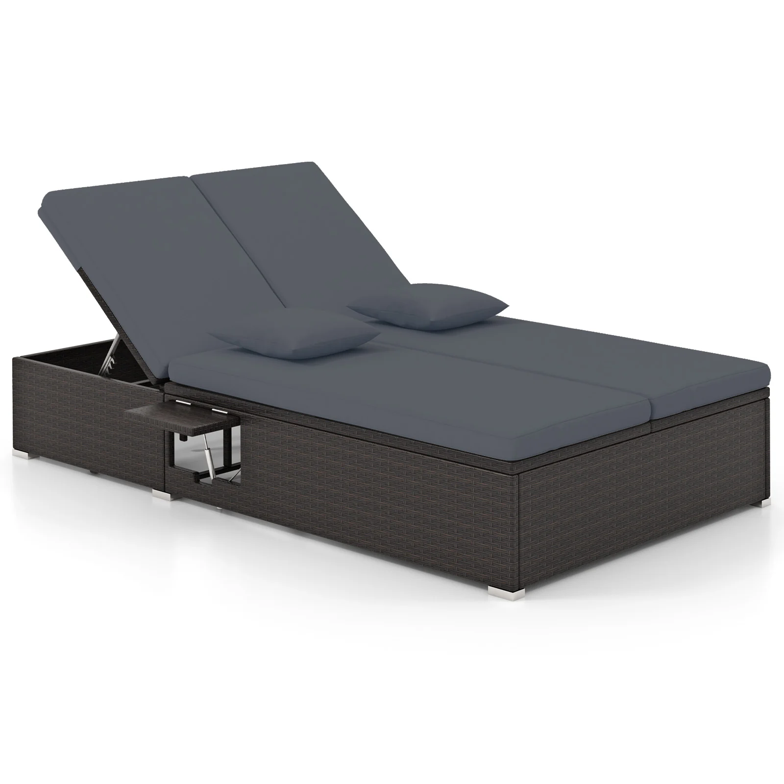 Patio Double Chaise Lounge with Cushions and Folding Side Trays, Gray - Image 4