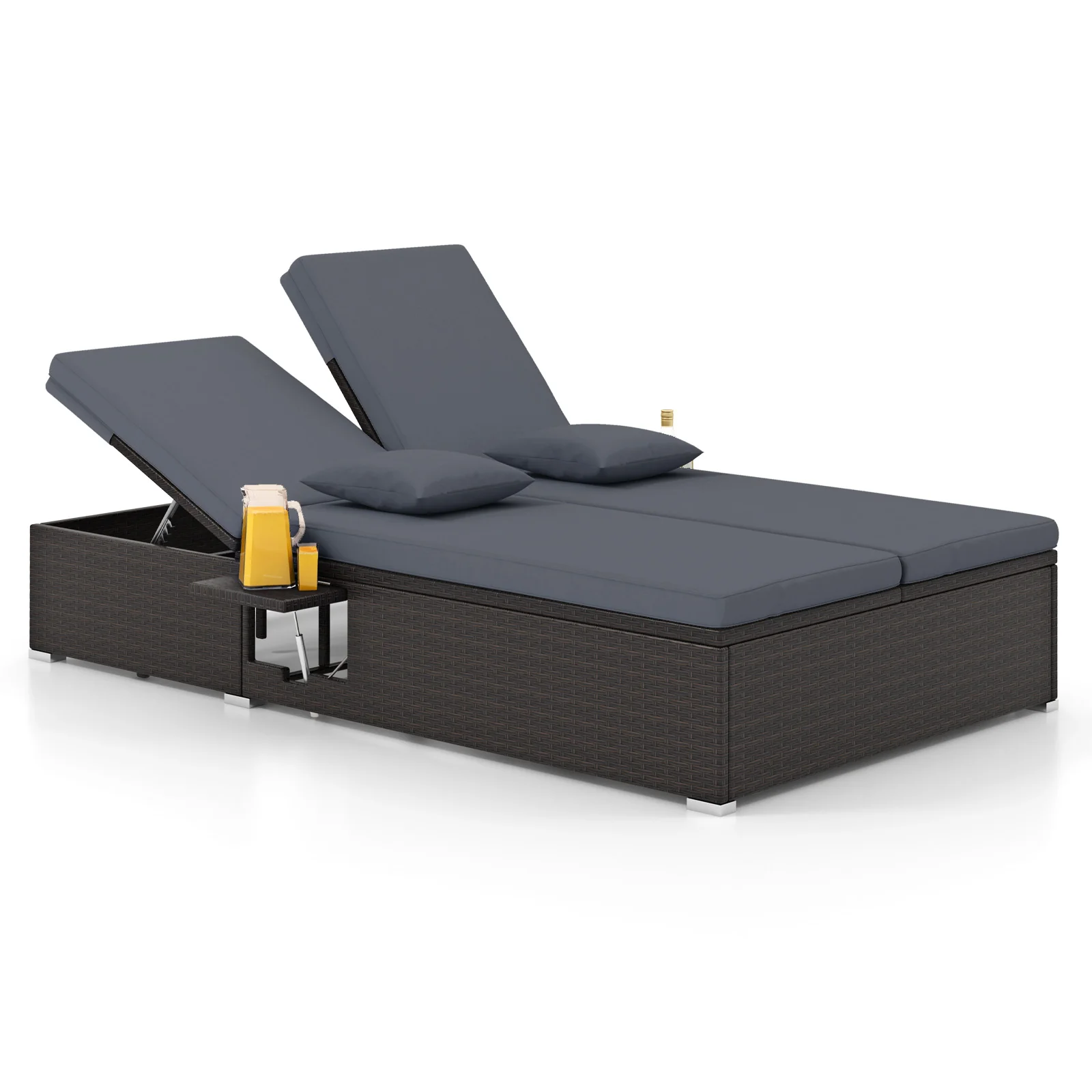 Patio Double Chaise Lounge with Cushions and Folding Side Trays, Gray - Image 5