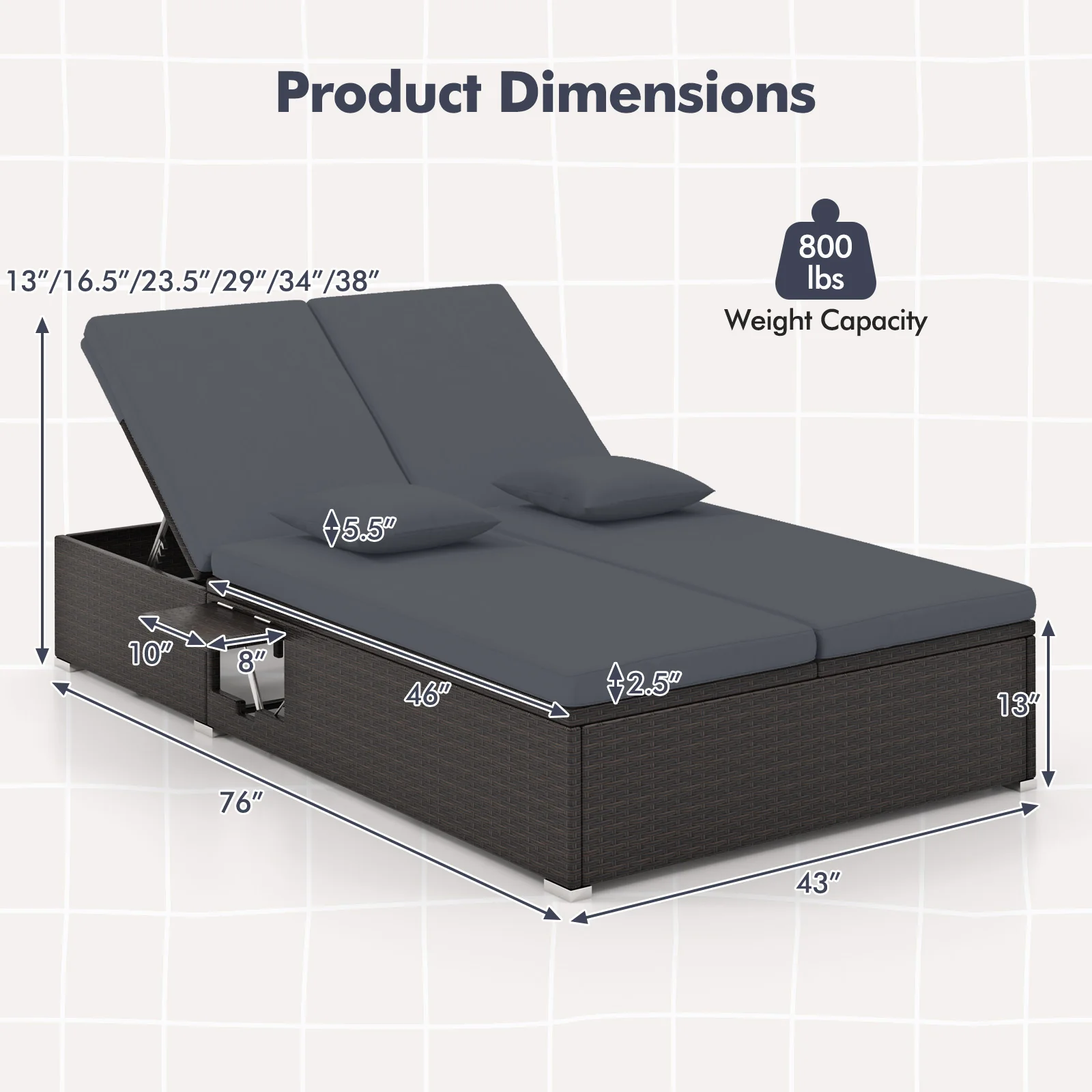 Patio Double Chaise Lounge with Cushions and Folding Side Trays, Gray - Image 6