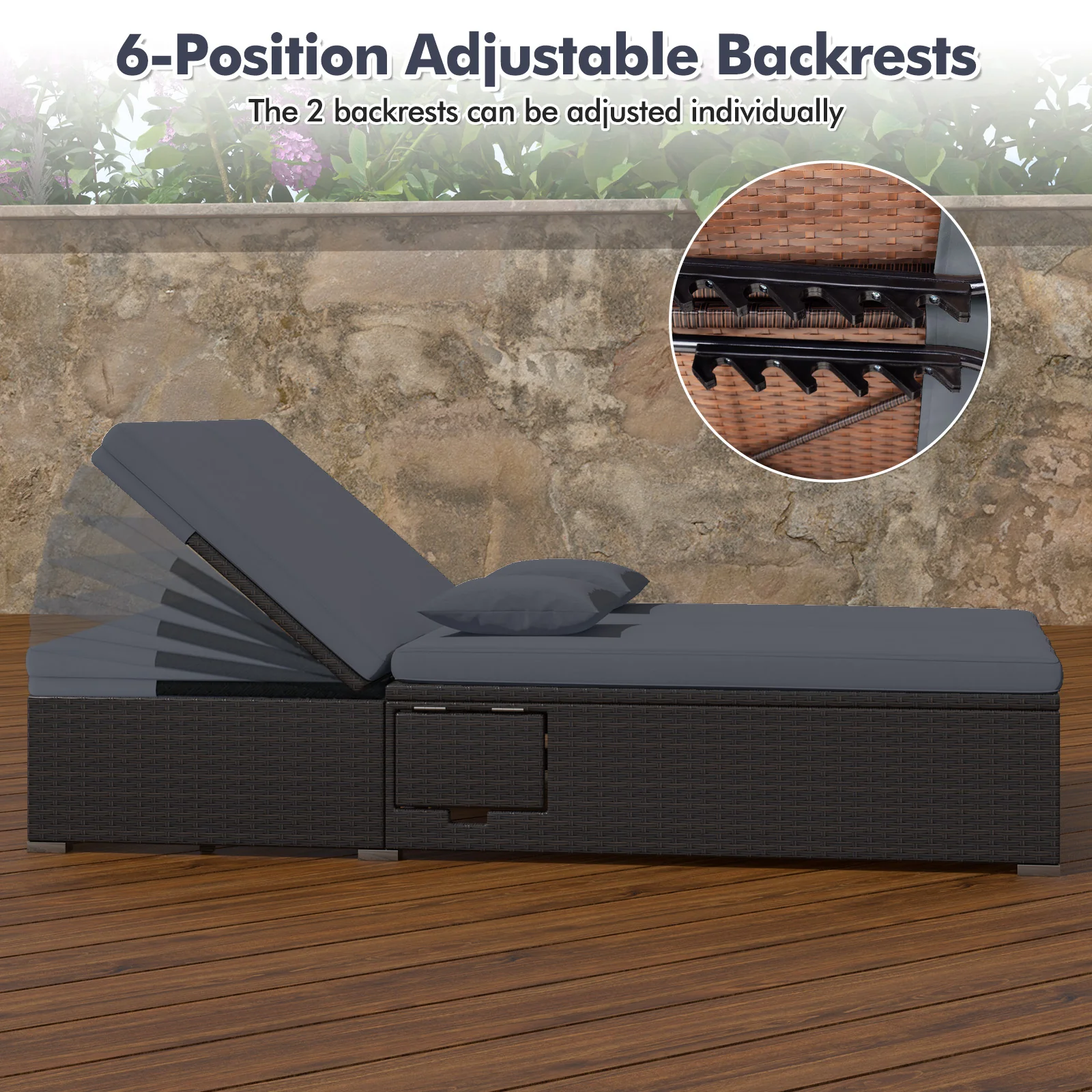 Patio Double Chaise Lounge with Cushions and Folding Side Trays, Gray - Image 7