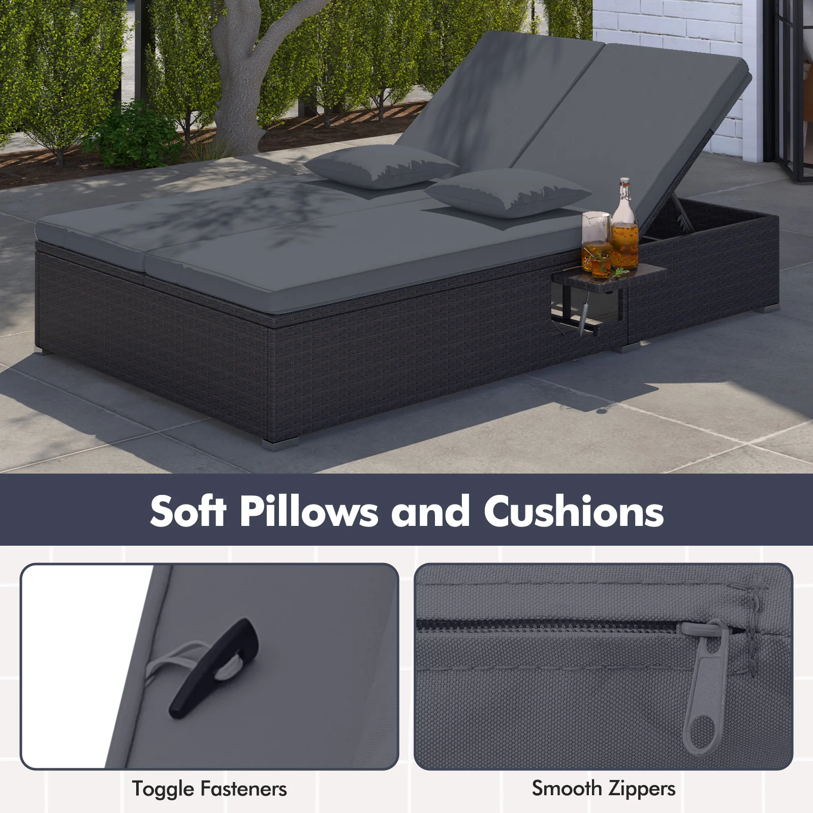 Patio Double Chaise Lounge with Cushions and Folding Side Trays, Gray - Image 8