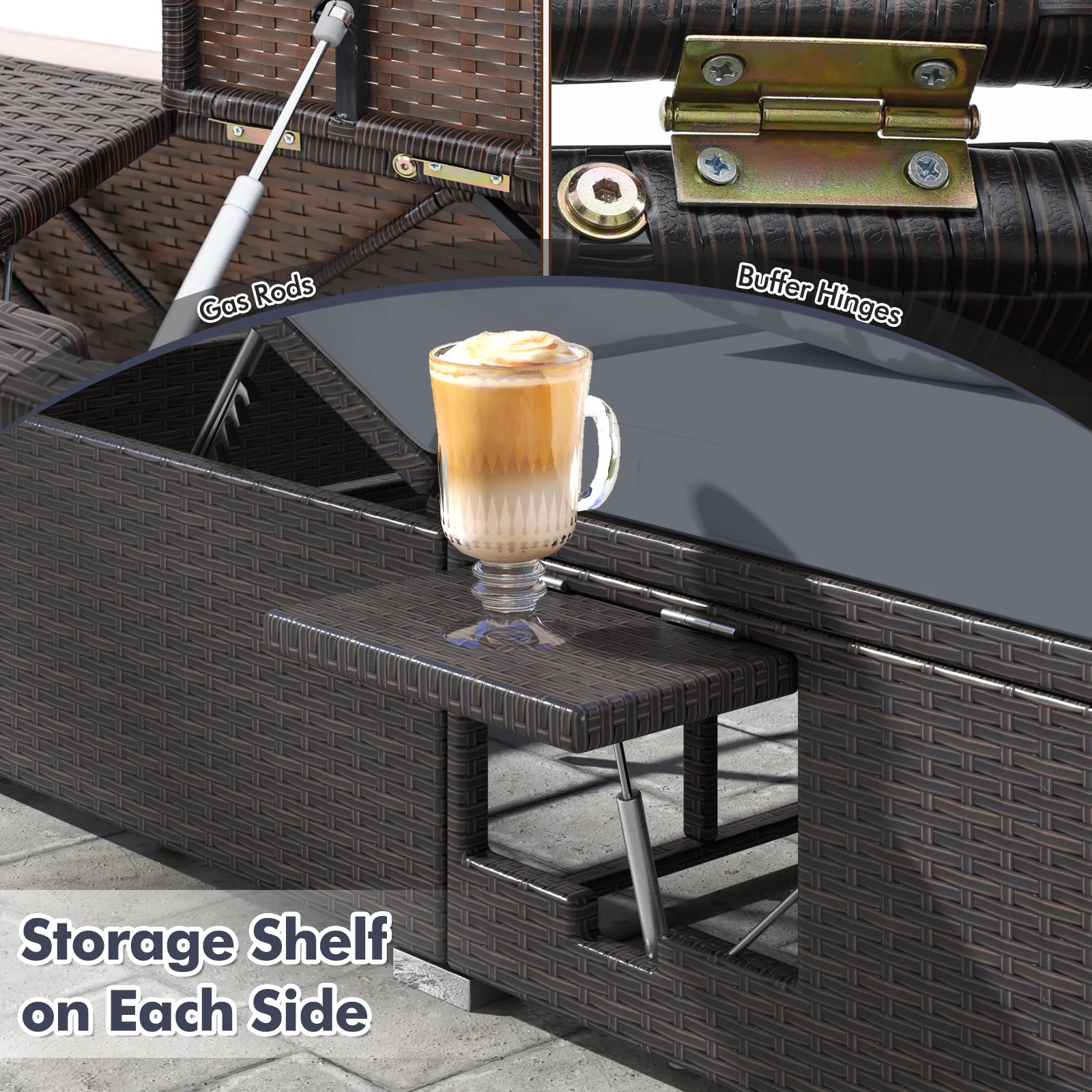 Patio Double Chaise Lounge with Cushions and Folding Side Trays, Gray - Image 9