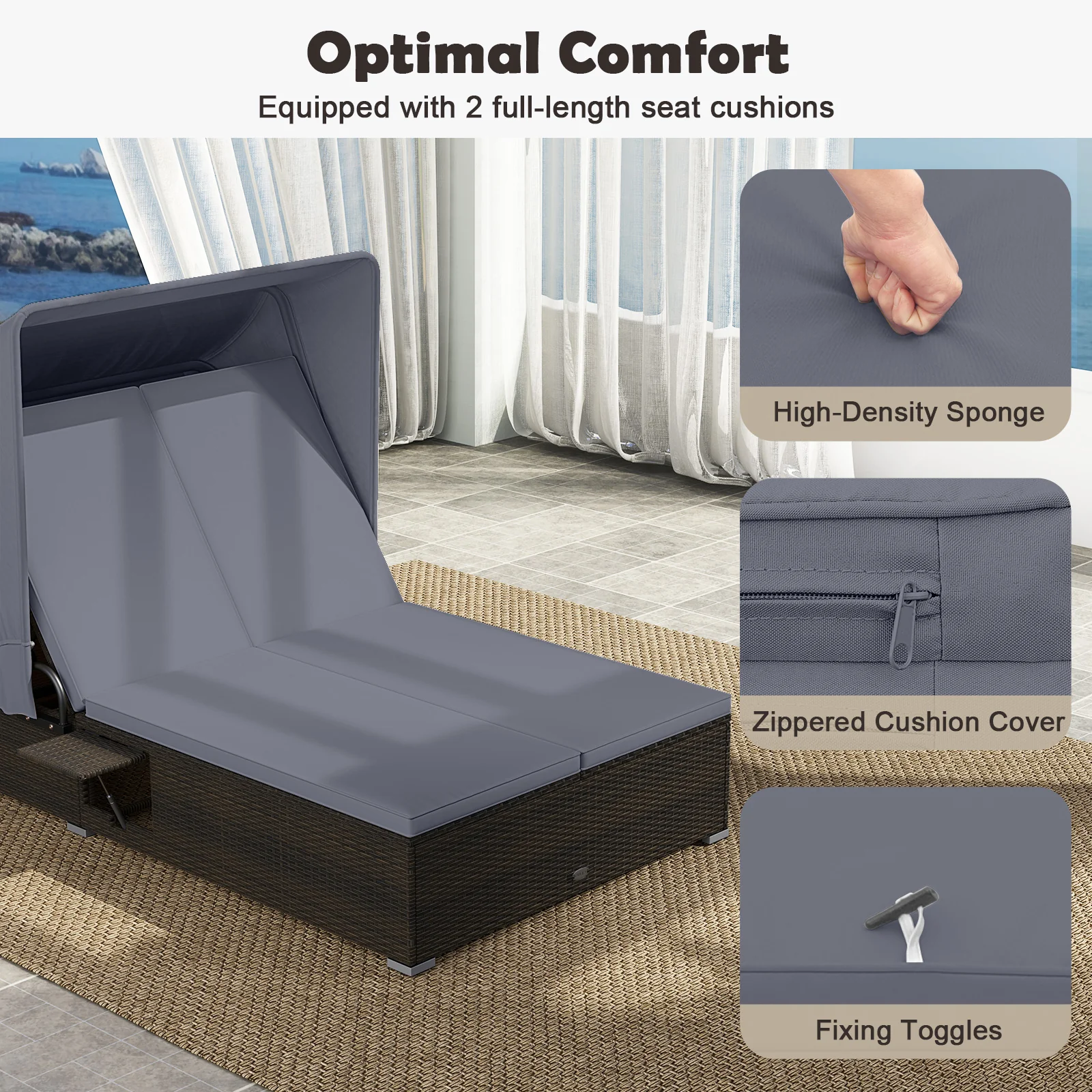 Patio Double Chaise Lounge with Shade Cushions and Folding Side Trays, Gray - Image 10